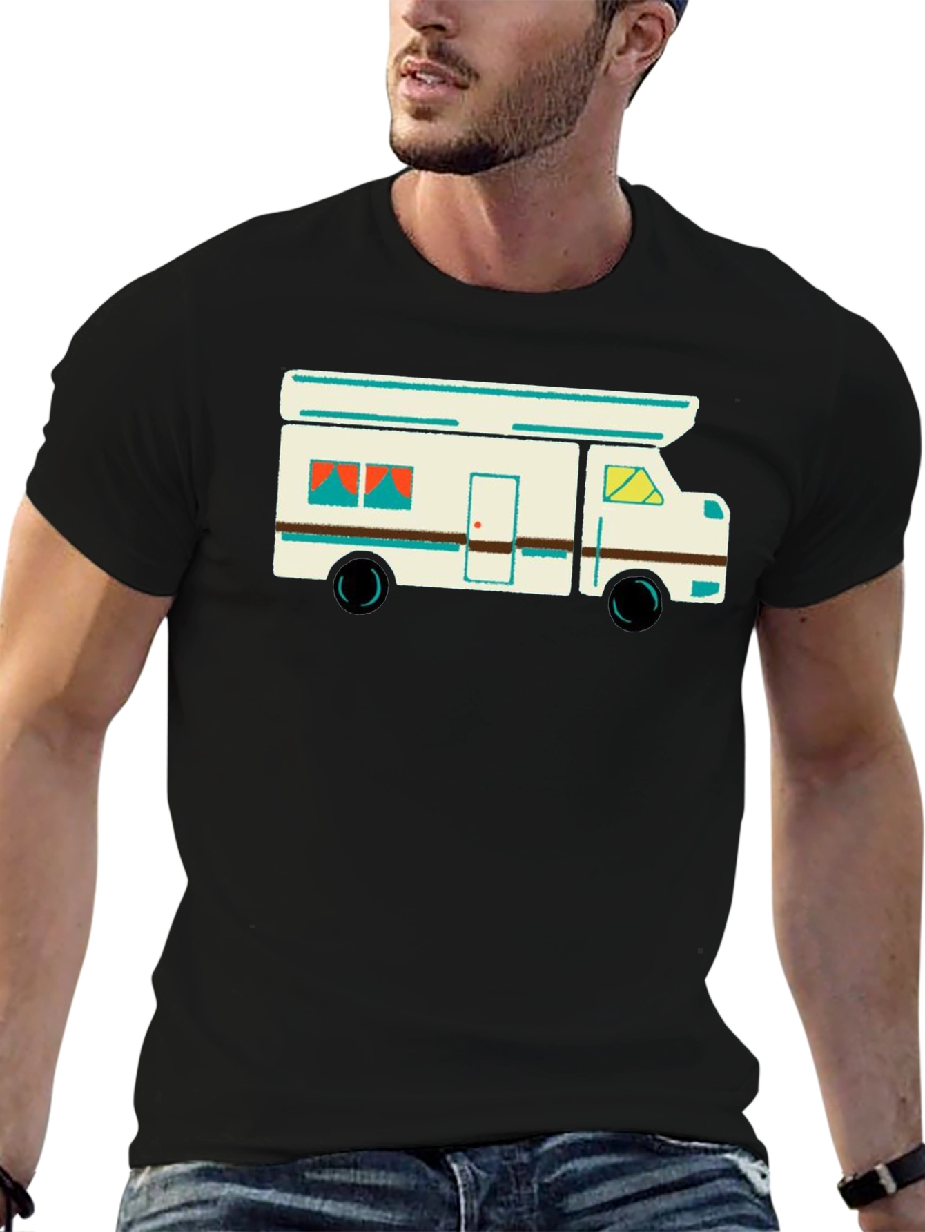 Retro Camper Graphic Tee - Black Cotton T-Shirt