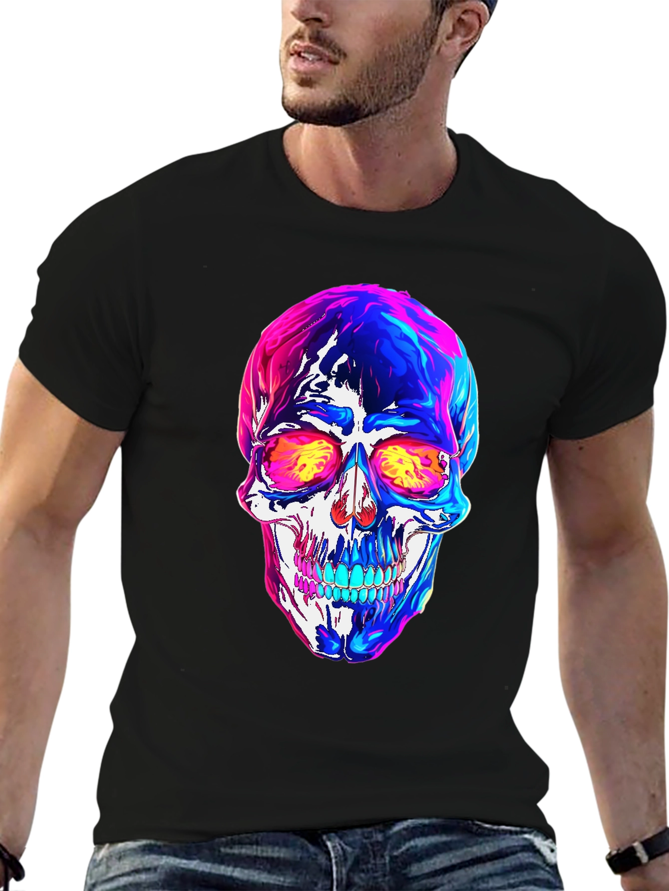 Vibrant Skull Graphic Tee - Black