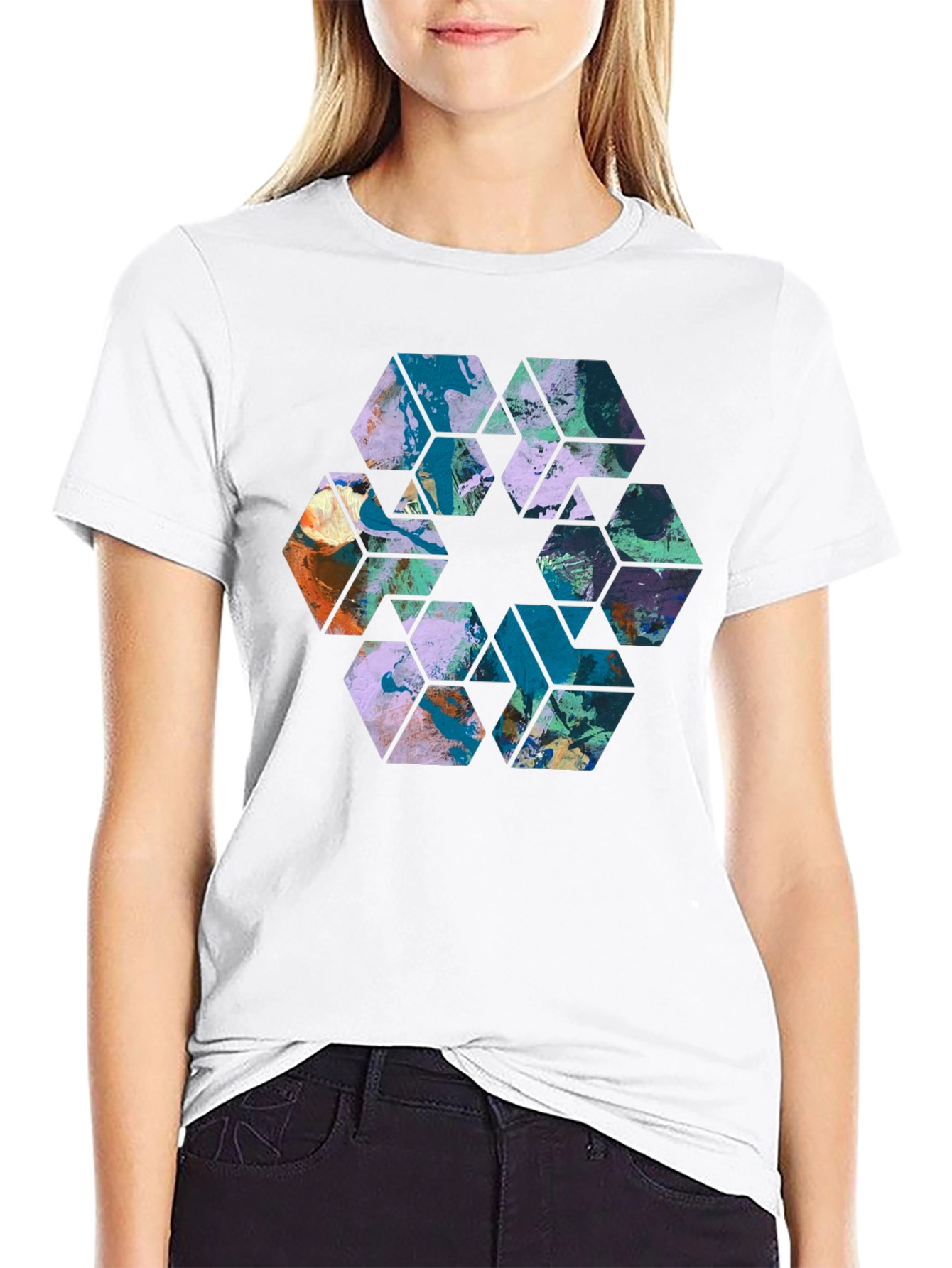Abstract Hexagon Graphic Print Black Tee