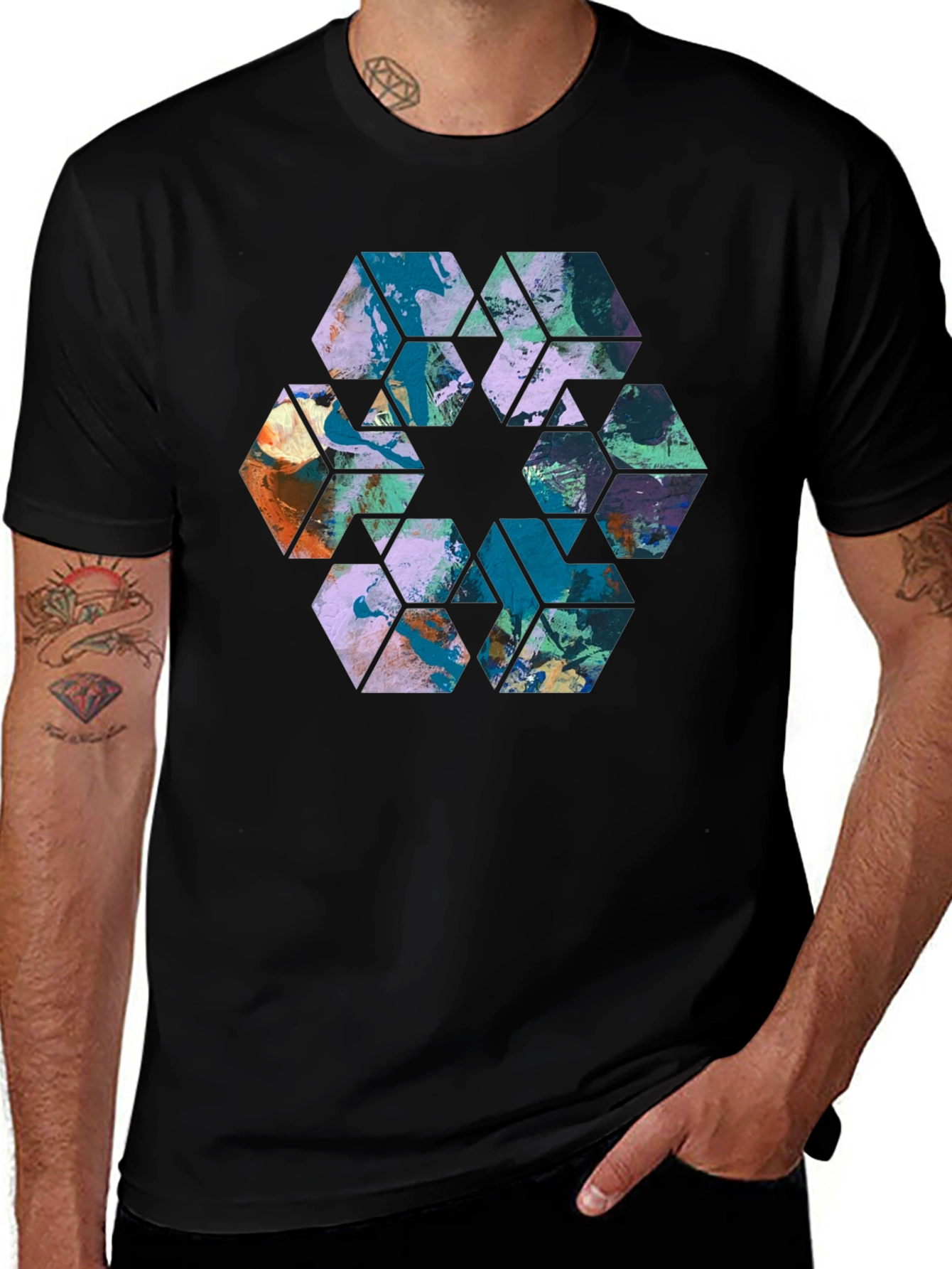 Abstract Hexagon Graphic Print Black Tee