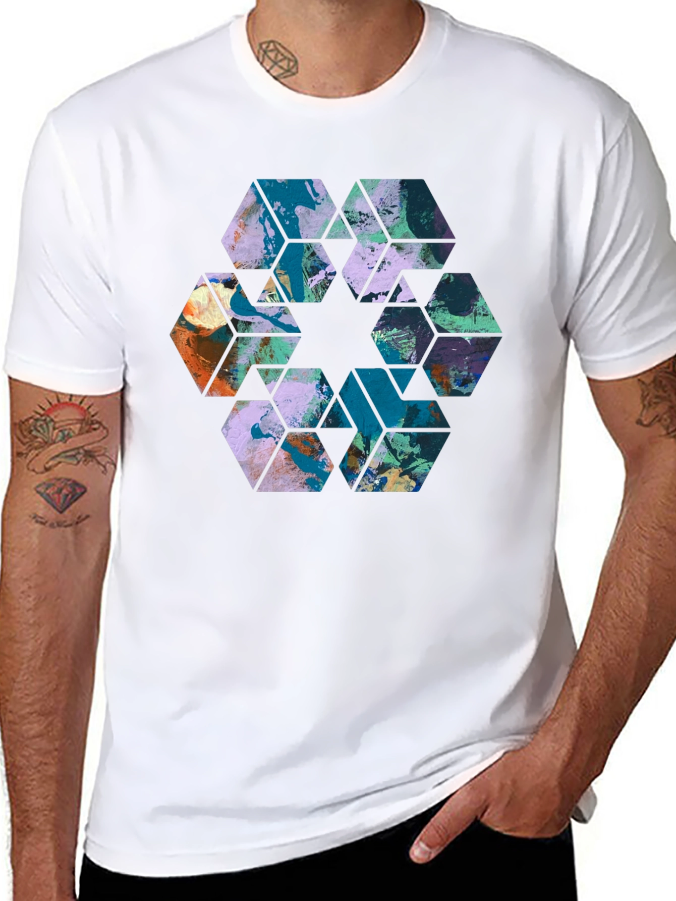 Abstract Hexagon Graphic Print Black Tee