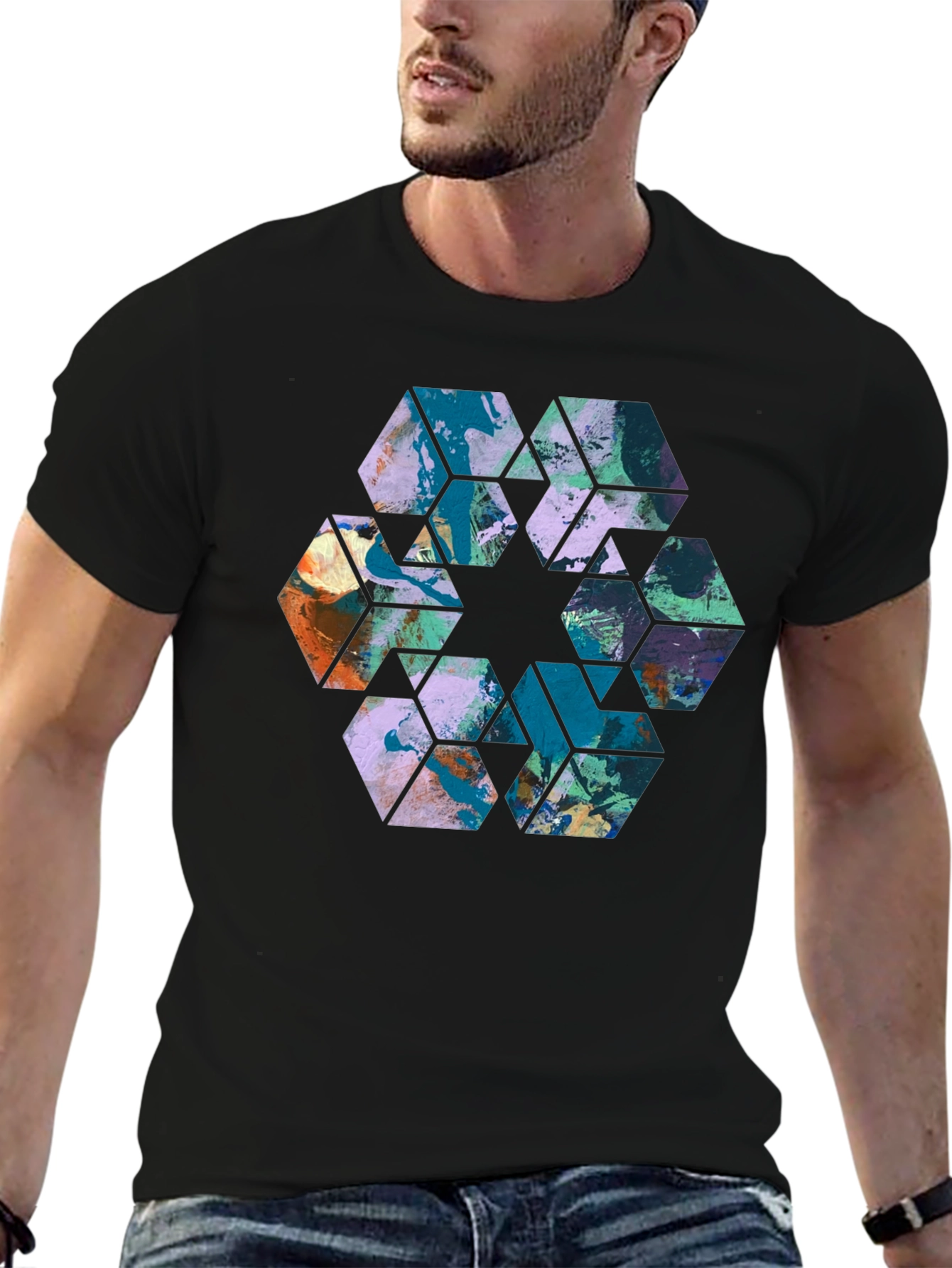 Abstract Hexagon Graphic Print Black Tee