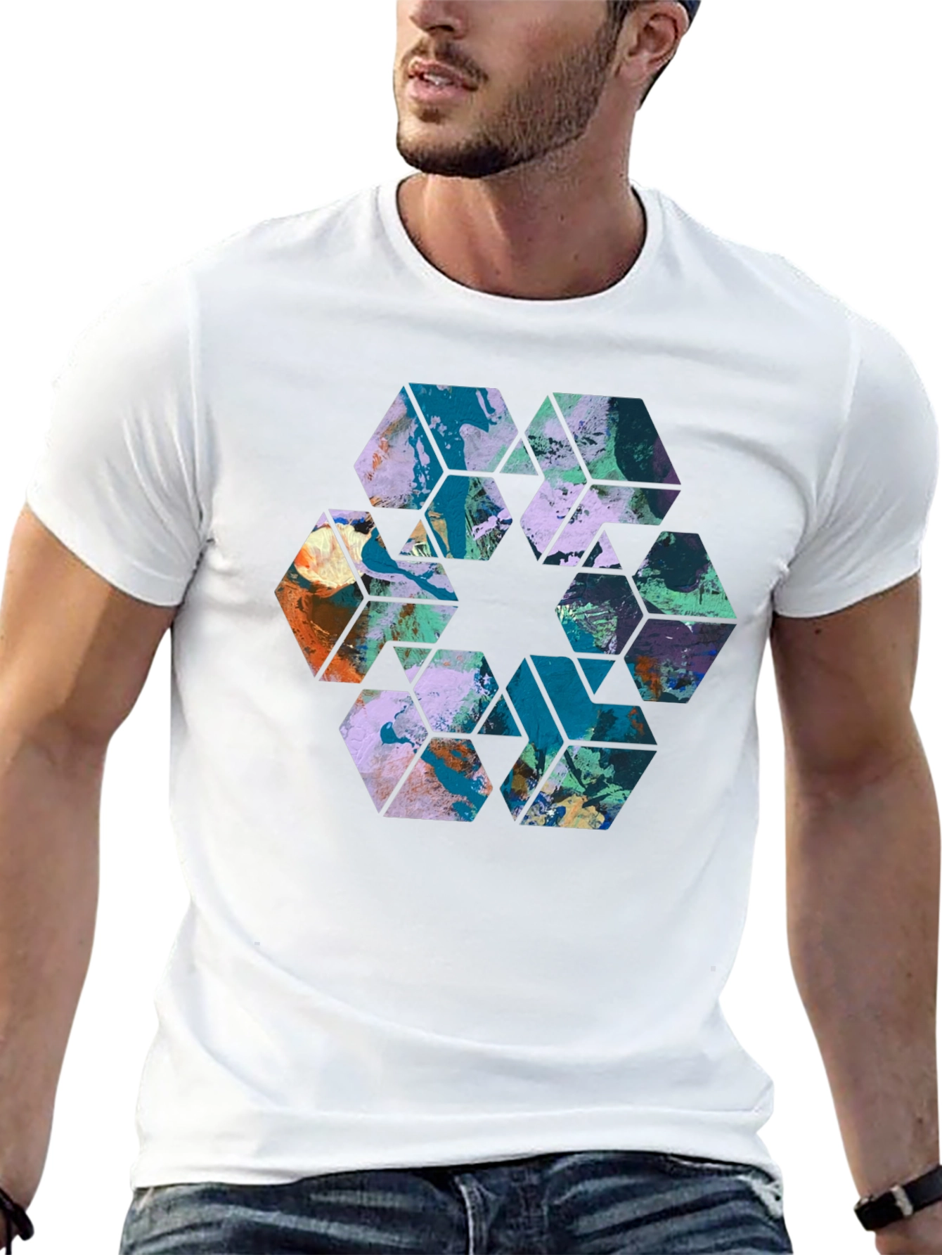 Abstract Hexagon Graphic Print Black Tee
