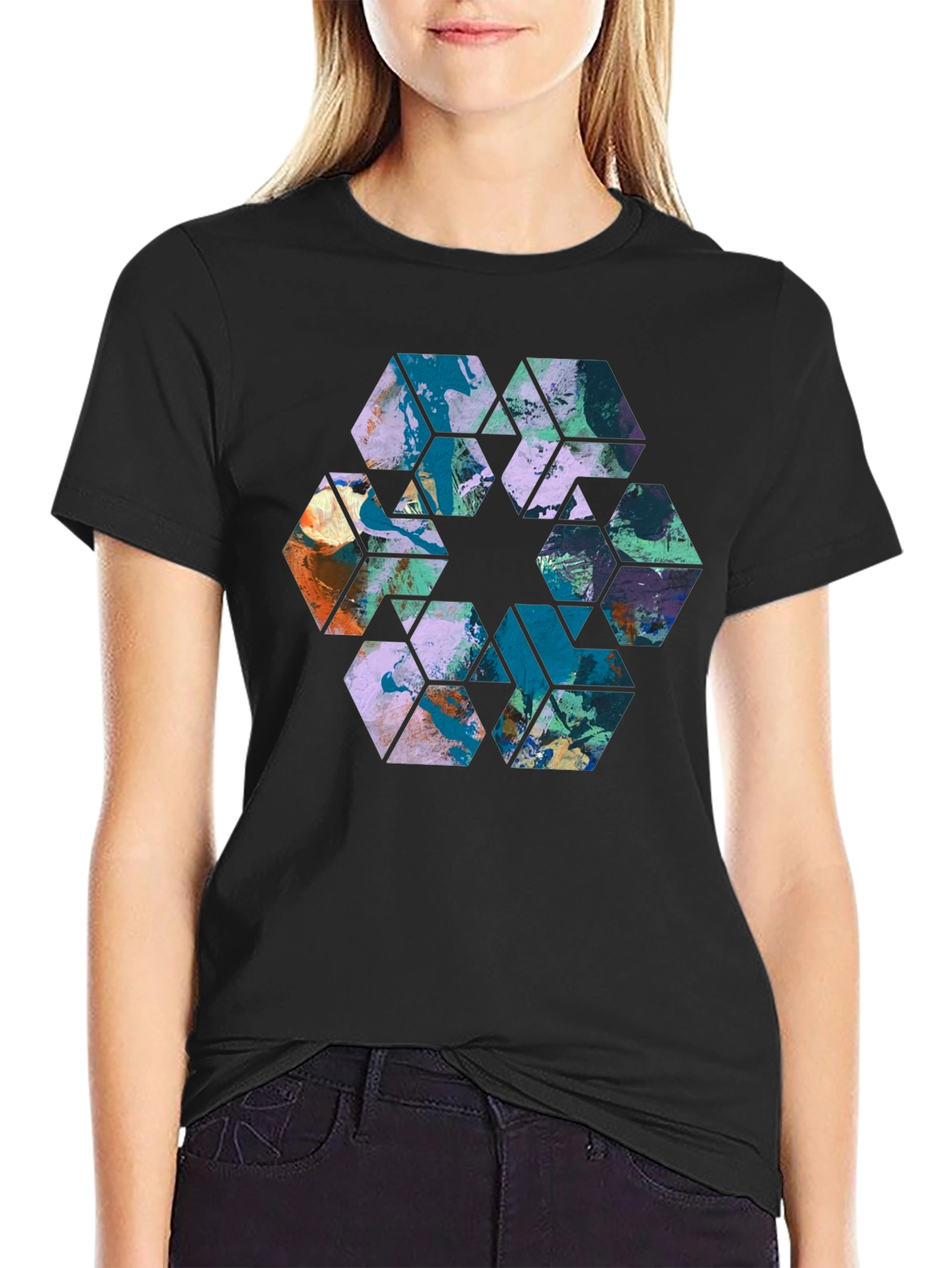 Abstract Hexagon Graphic Print Black Tee
