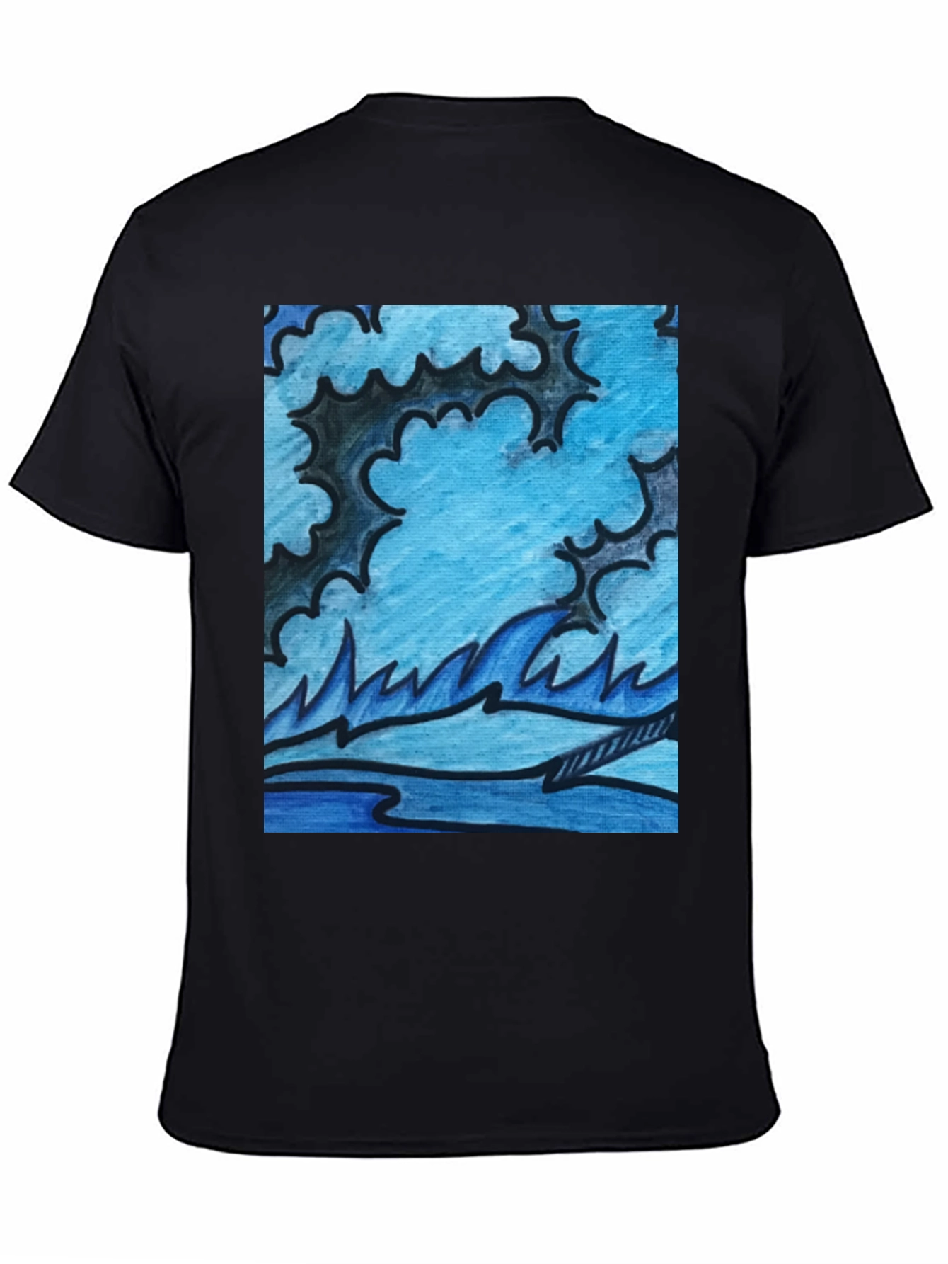 Abstract Blue Wave Graphic Black T-Shirt
