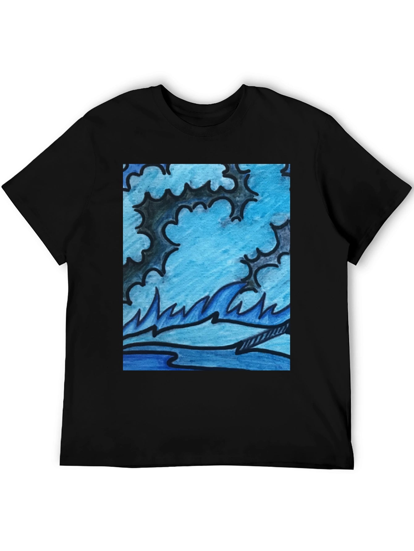 Abstract Blue Wave Graphic Black T-Shirt