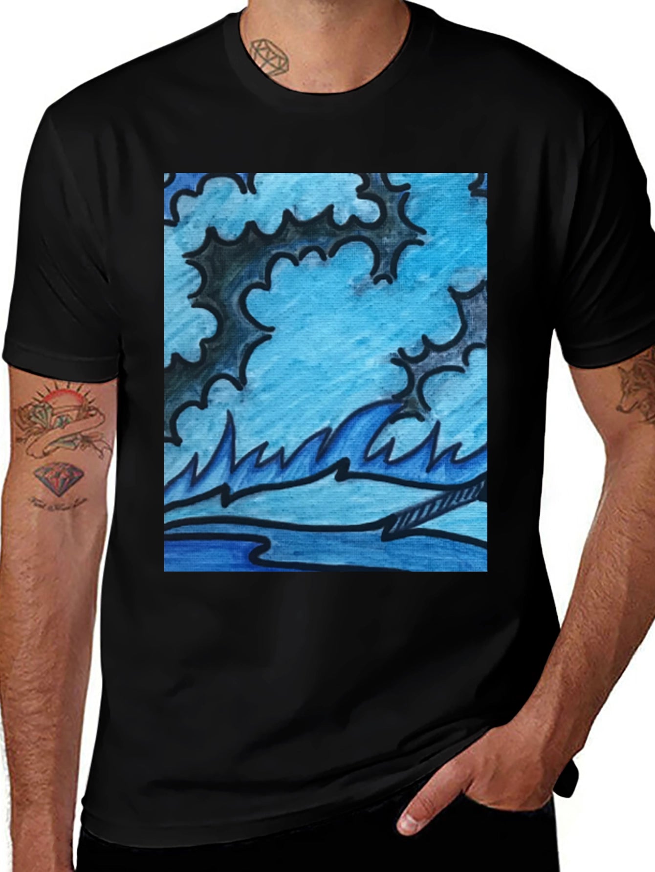 Abstract Blue Wave Graphic Black T-Shirt