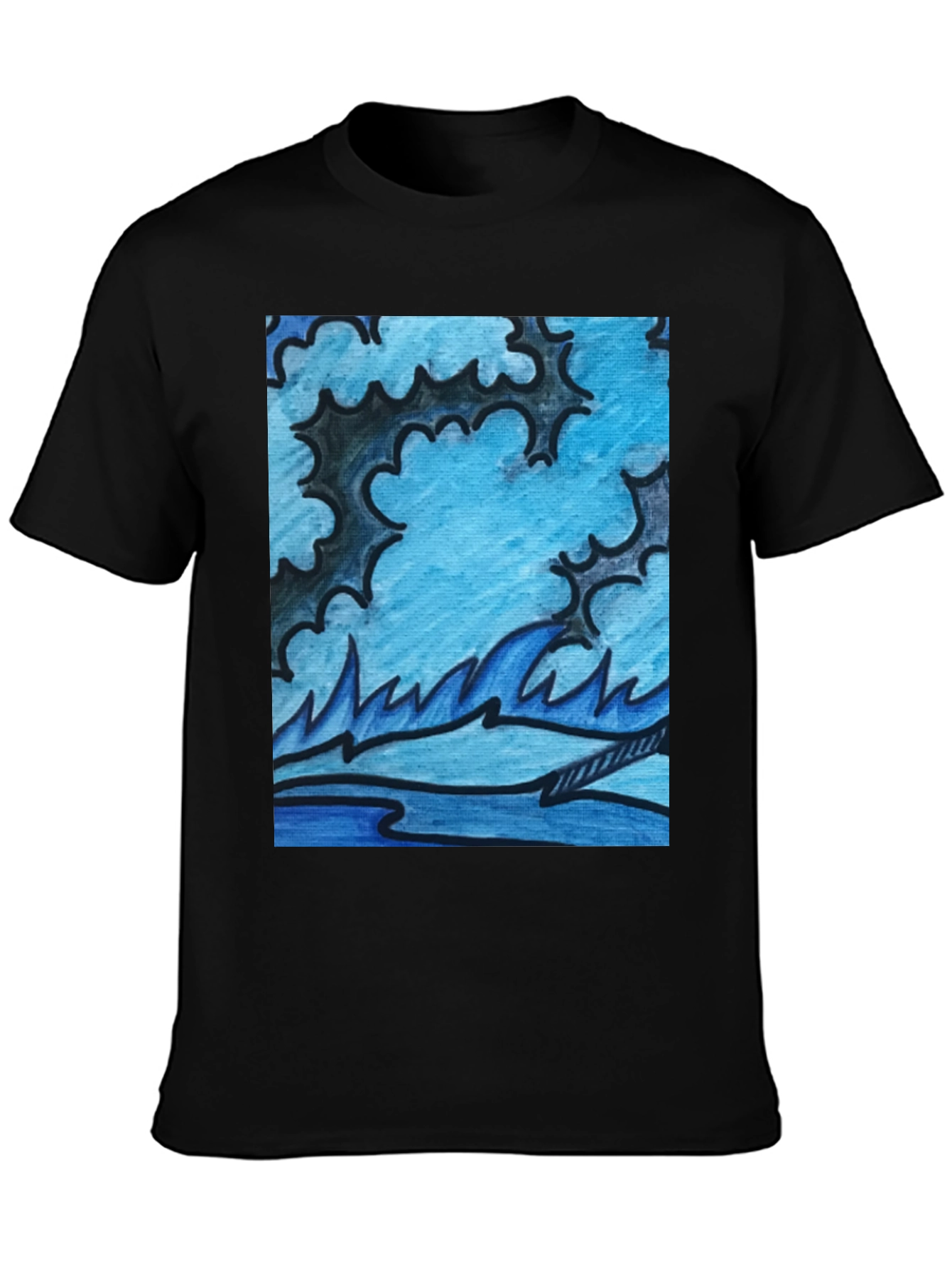 Abstract Blue Wave Graphic Black T-Shirt