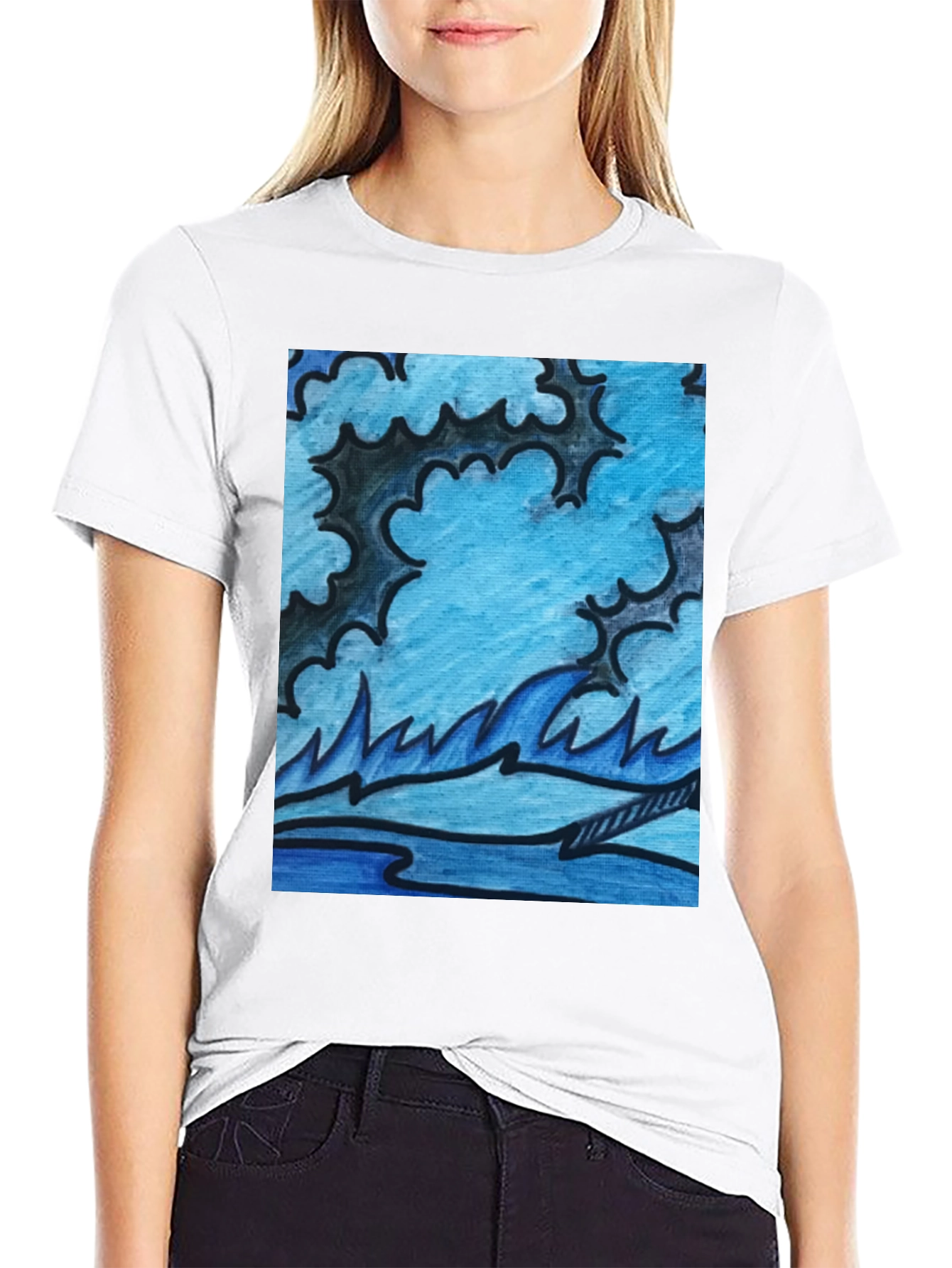 Abstract Blue Wave Graphic Black T-Shirt