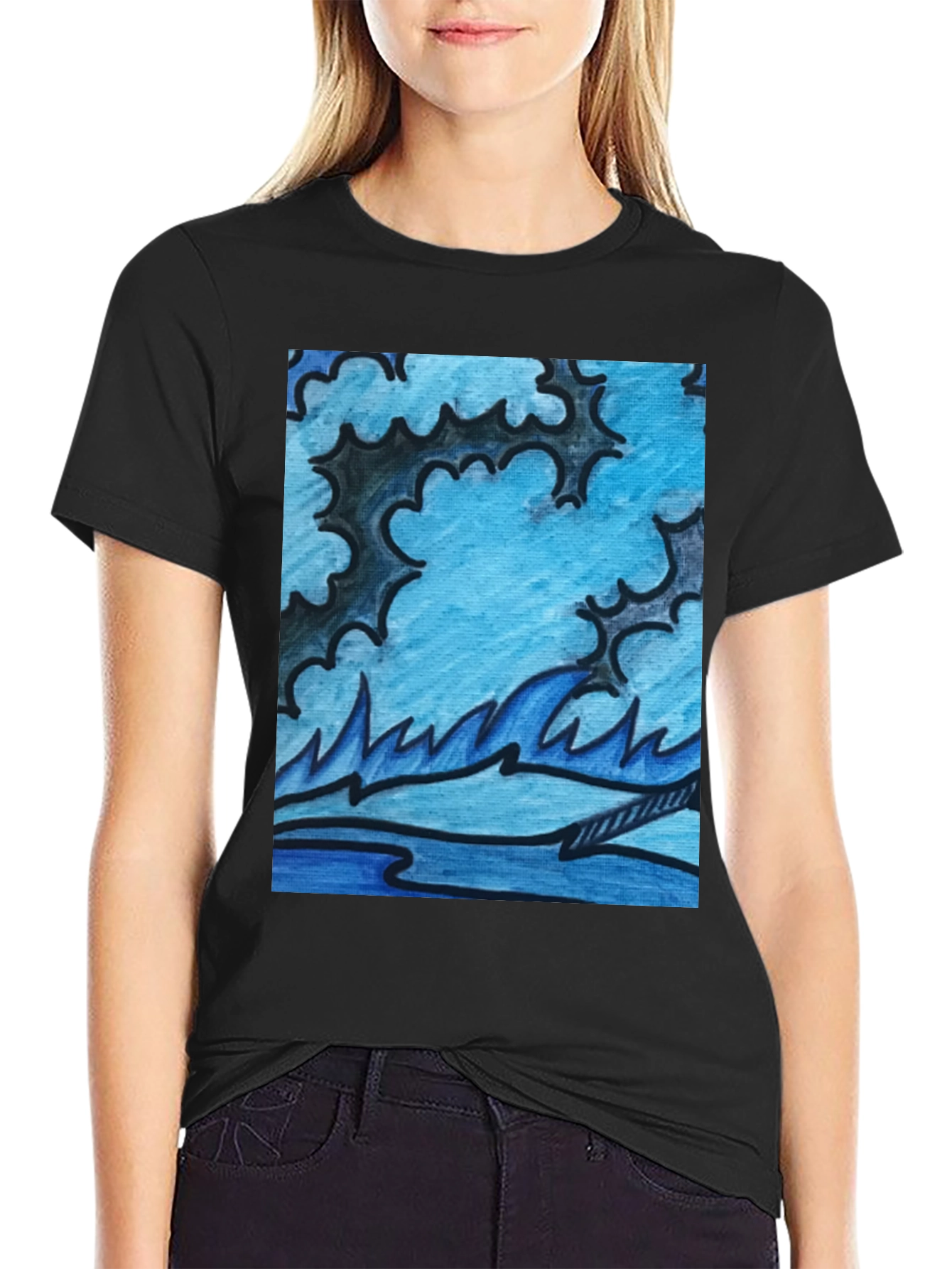 Abstract Blue Wave Graphic Black T-Shirt
