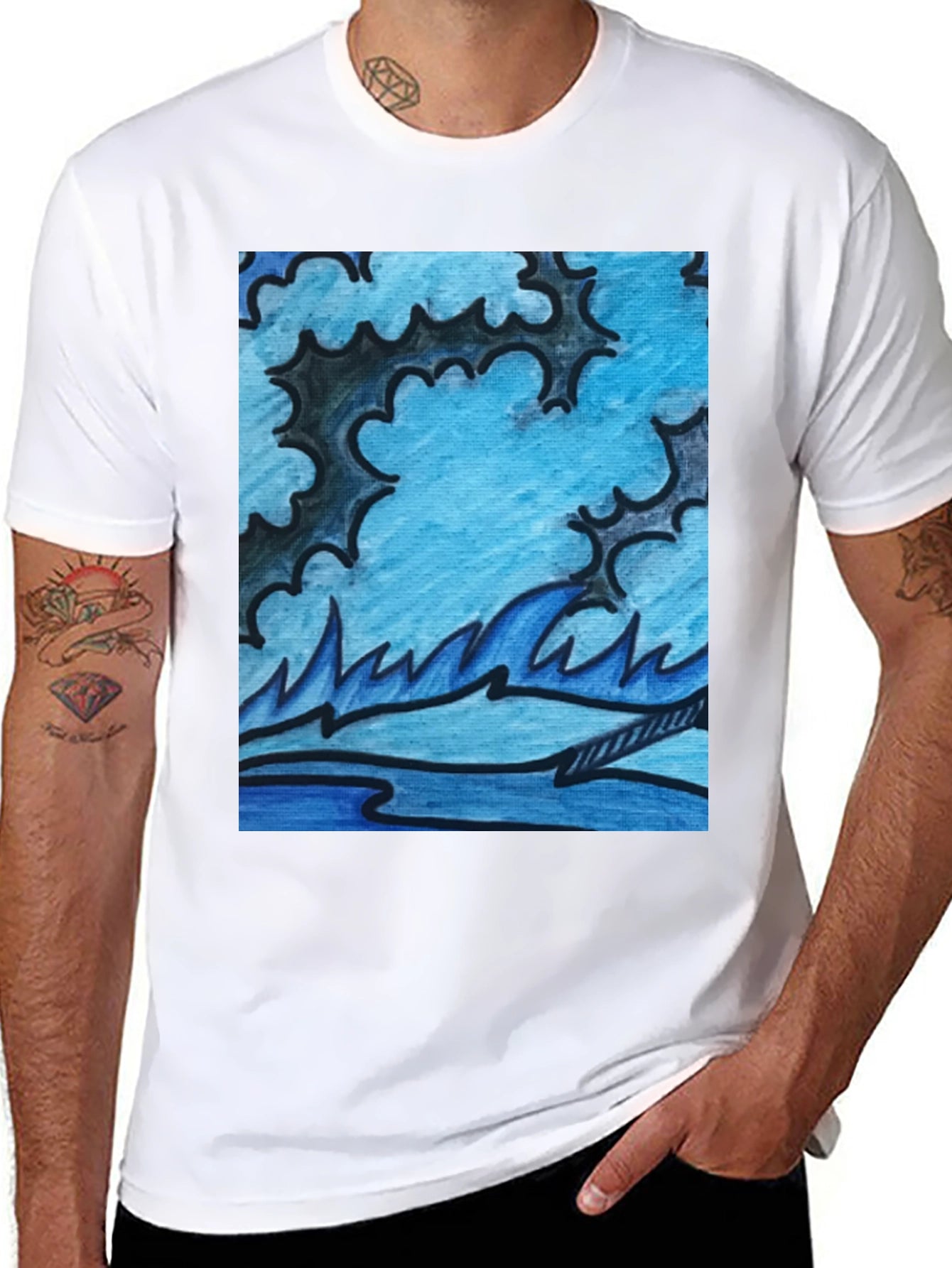Abstract Blue Wave Graphic Black T-Shirt