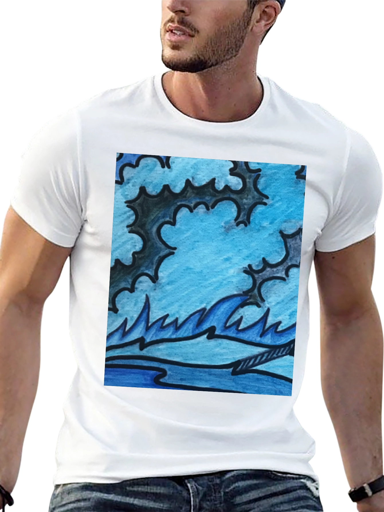 Abstract Blue Wave Graphic Black T-Shirt