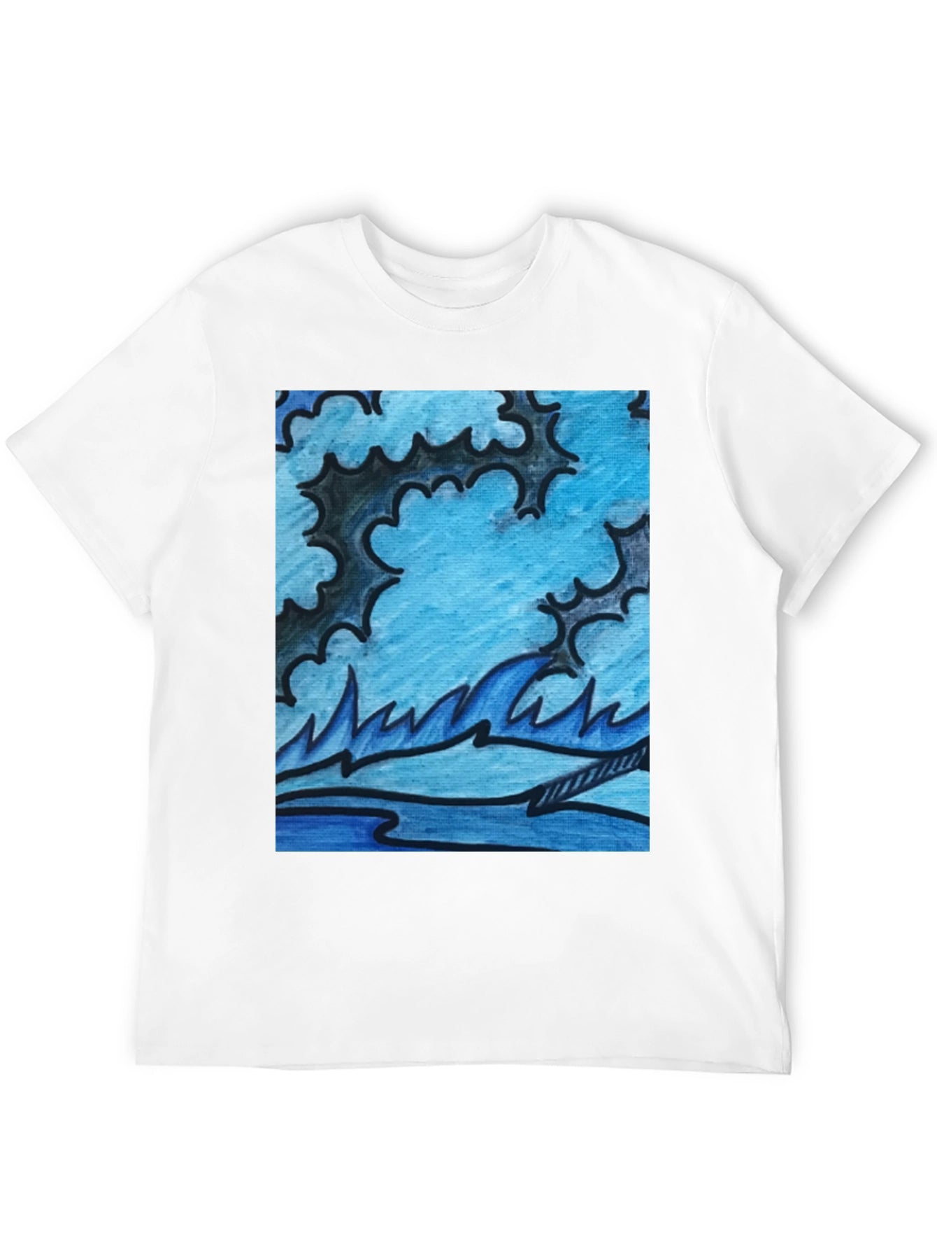 Abstract Blue Wave Graphic Black T-Shirt