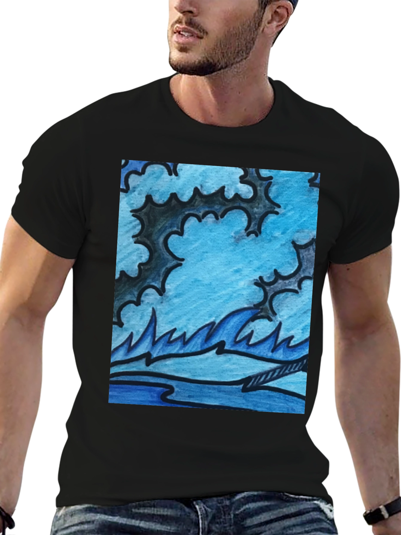 Abstract Blue Wave Graphic Black T-Shirt
