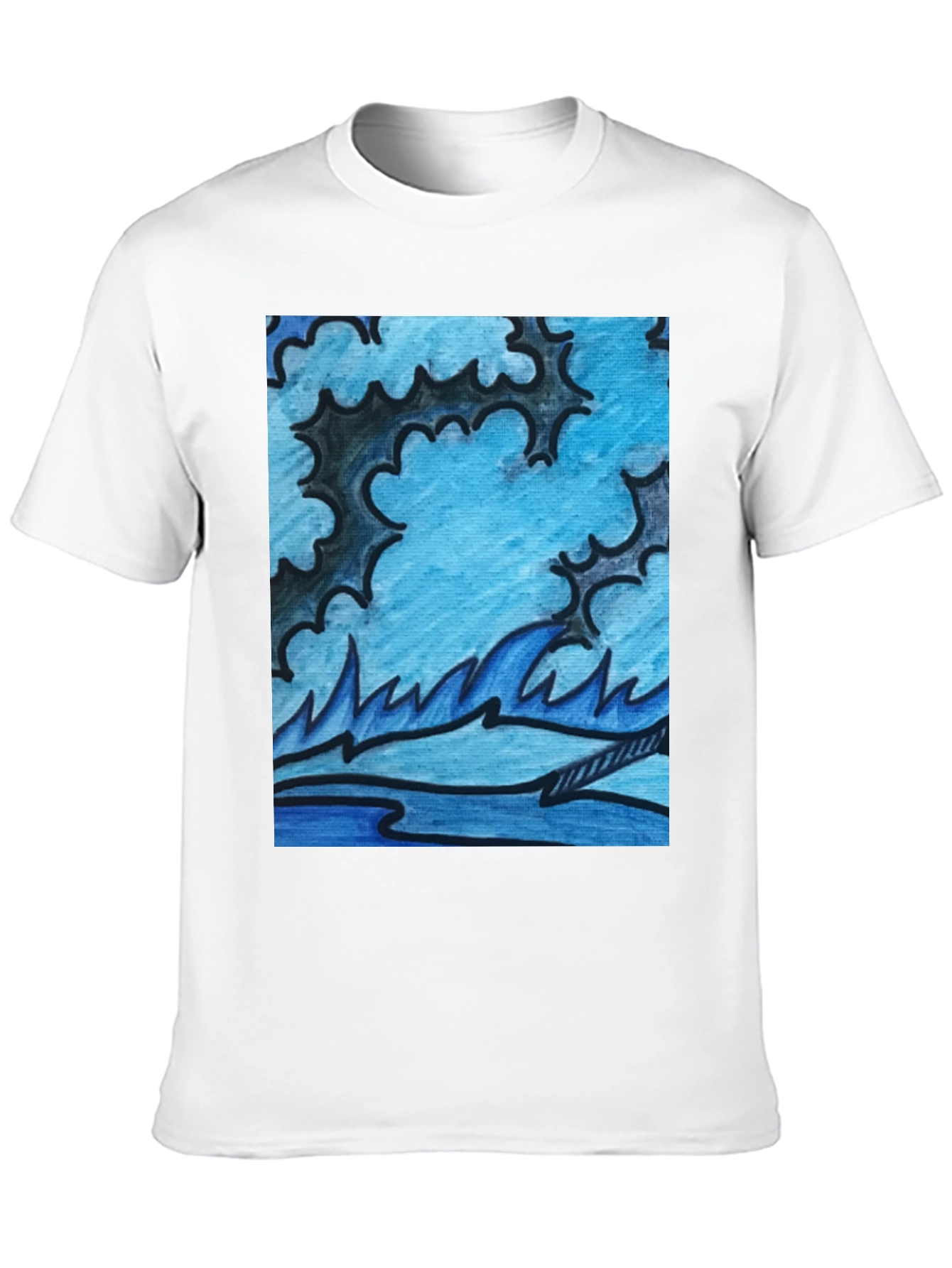 Abstract Blue Wave Graphic Black T-Shirt