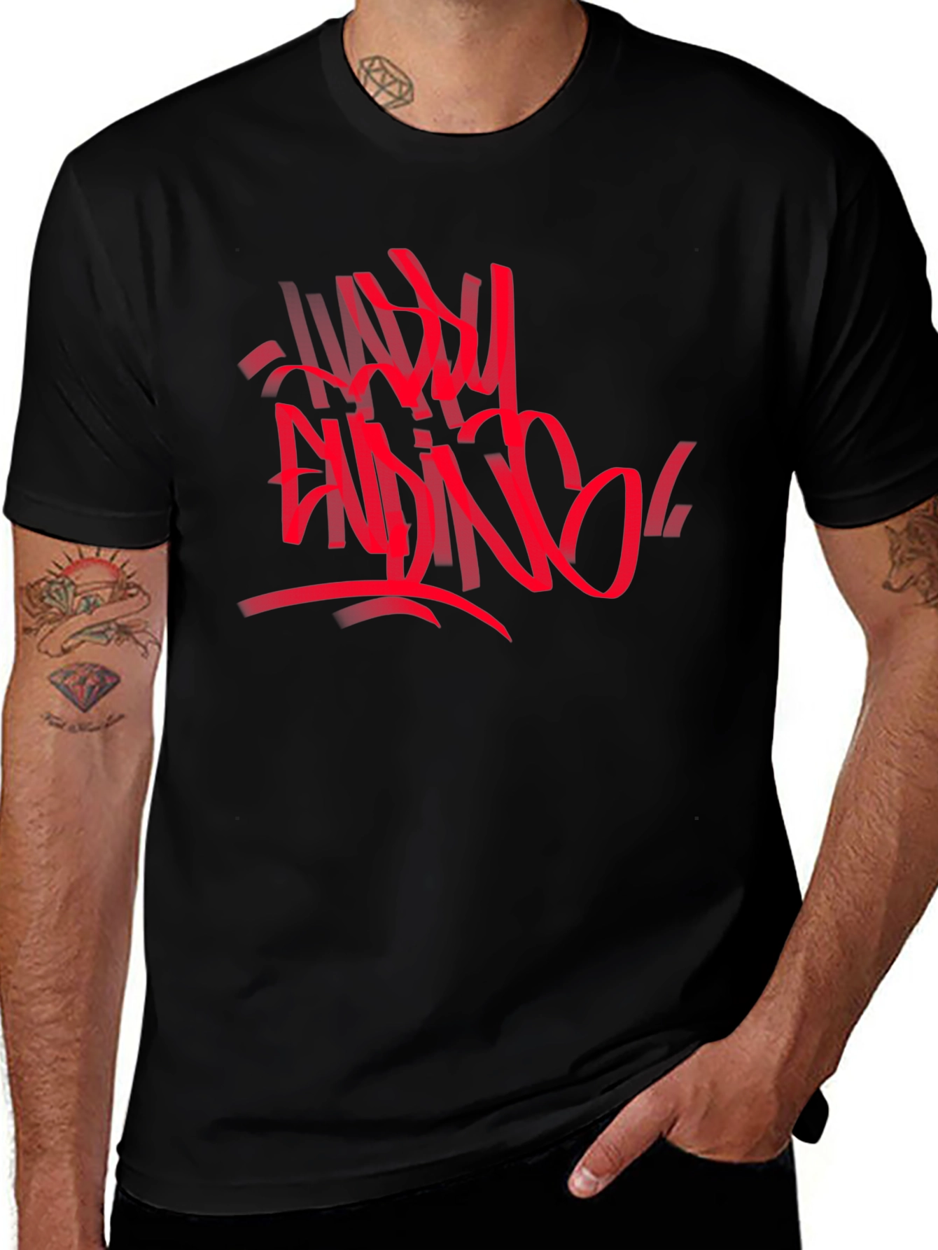 Edgy Graphic Tee: Red Abstract Graffiti Print on Black