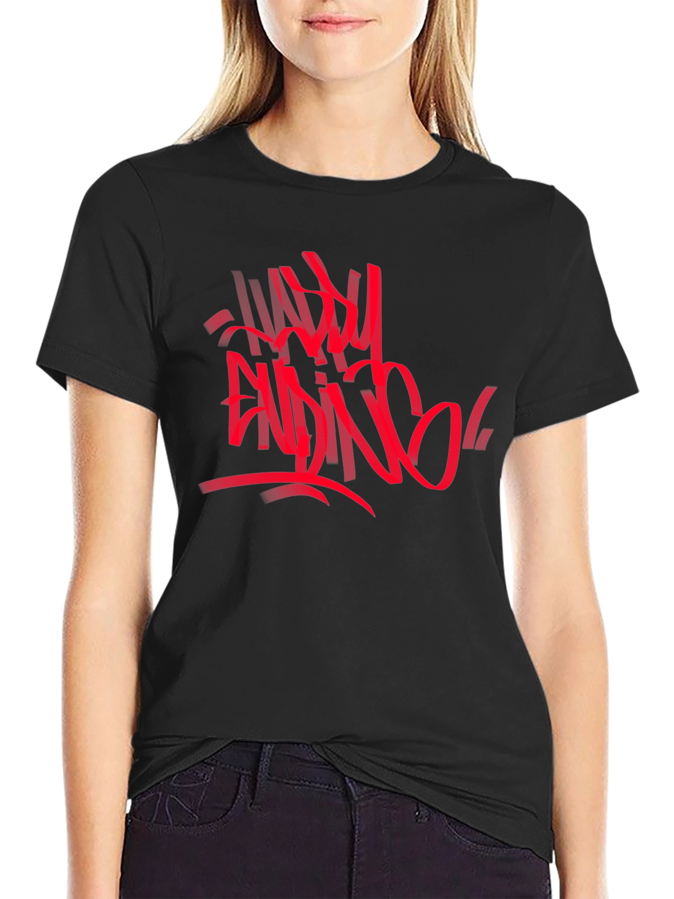 Edgy Graphic Tee: Red Abstract Graffiti Print on Black