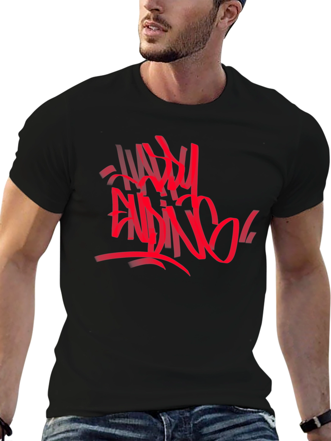 Edgy Graphic Tee: Red Abstract Graffiti Print on Black