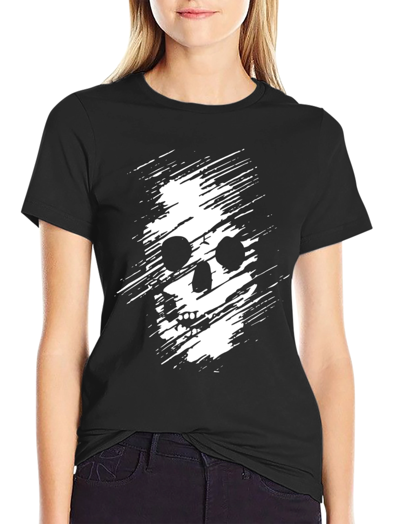 Mens Black T-Shirt with Distressed Skull Graphic
