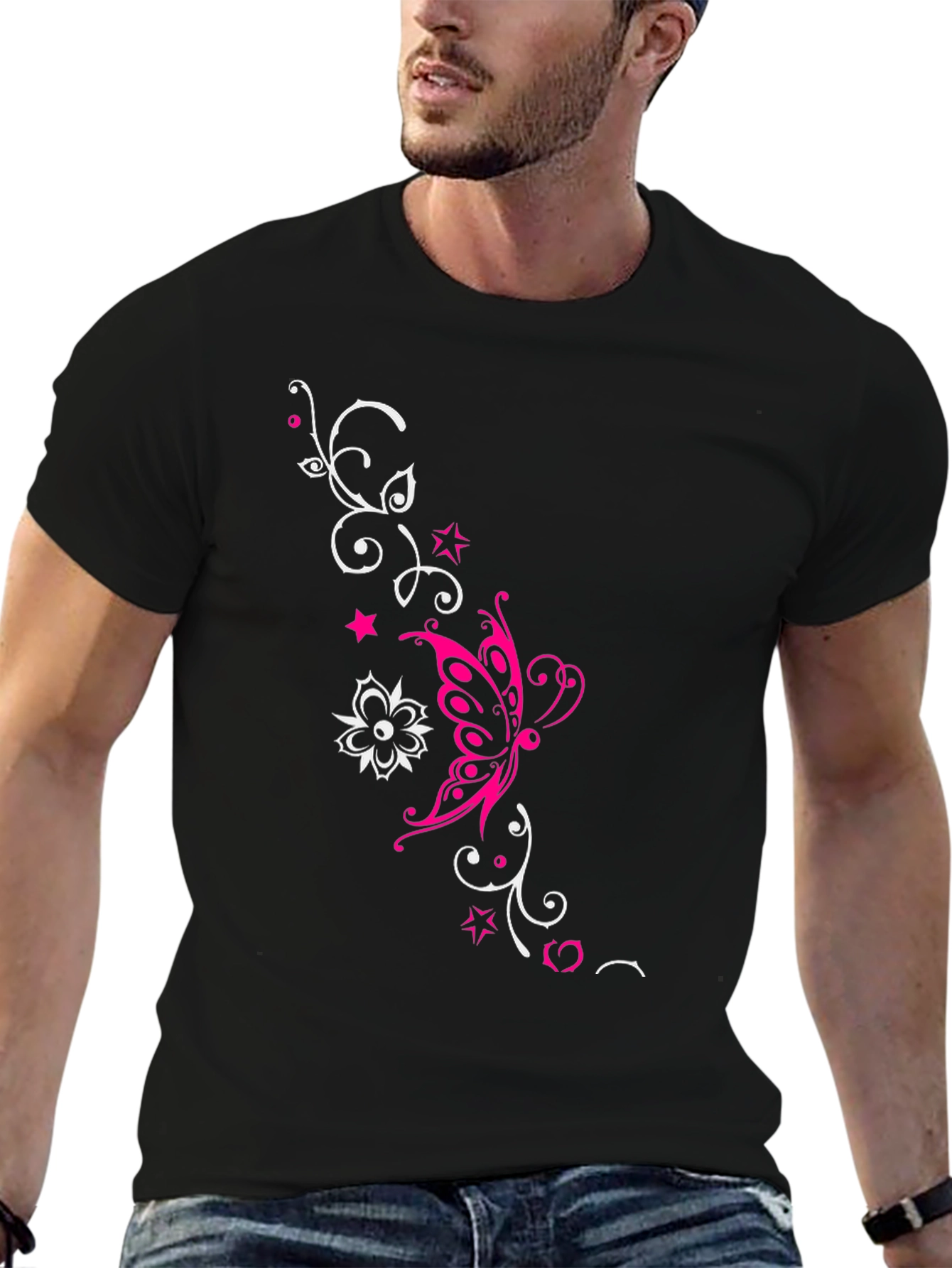 Stylish Black Tee with Butterfly Floral Design