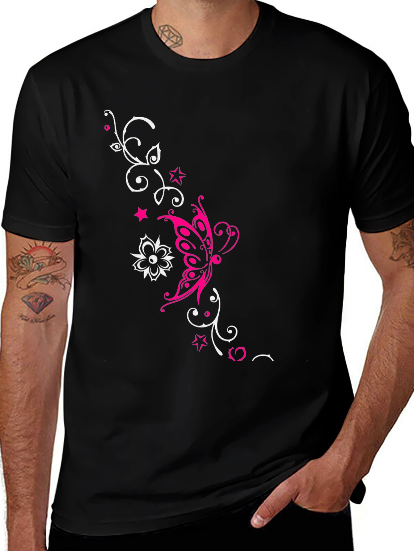 Stylish Black Tee with Butterfly Floral Design