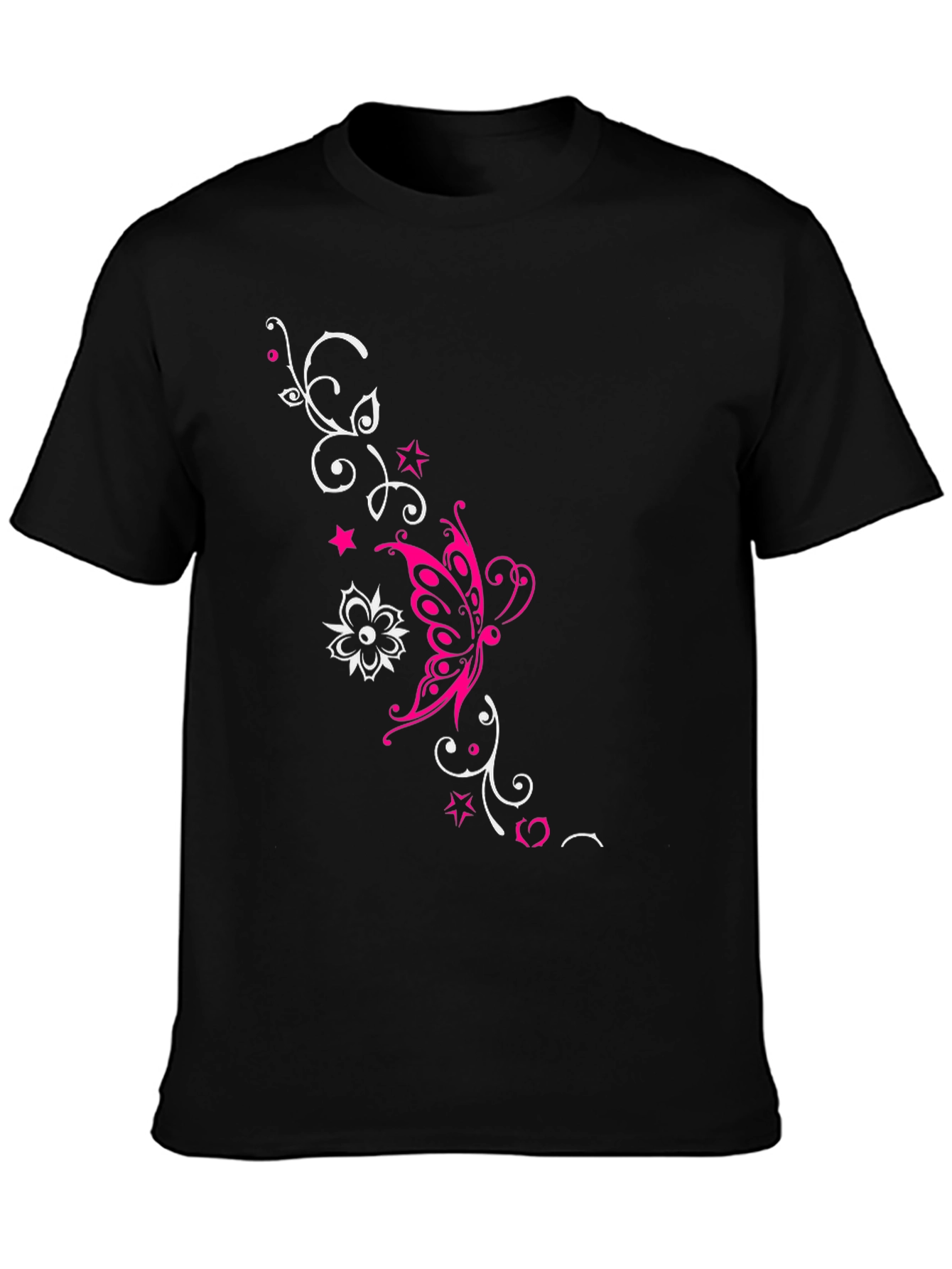 Stylish Black Tee with Butterfly Floral Design