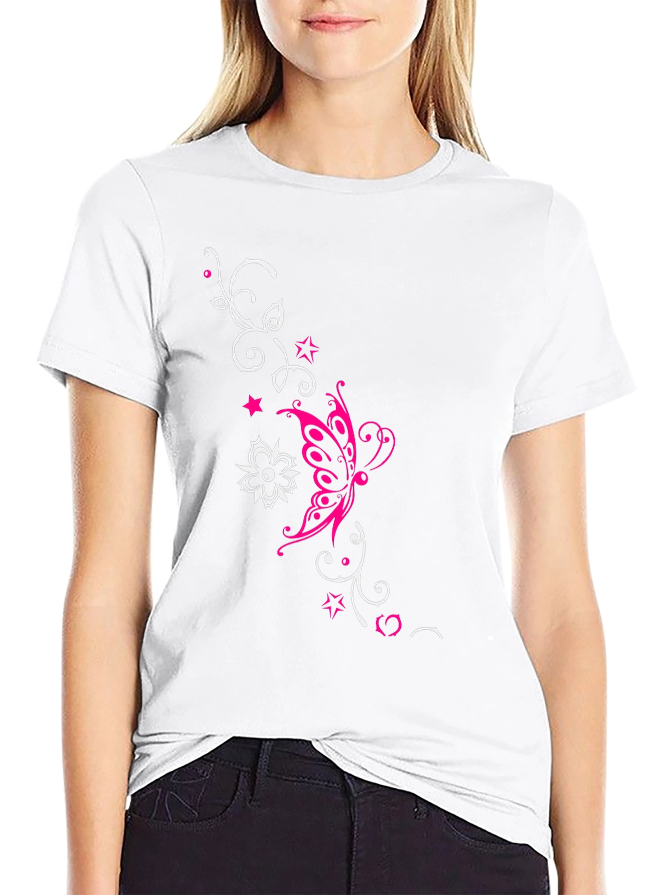 Stylish Black Tee with Butterfly Floral Design