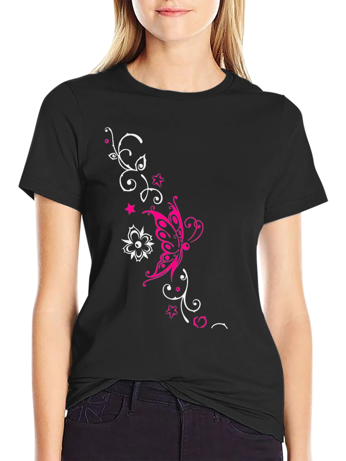 Stylish Black Tee with Butterfly Floral Design