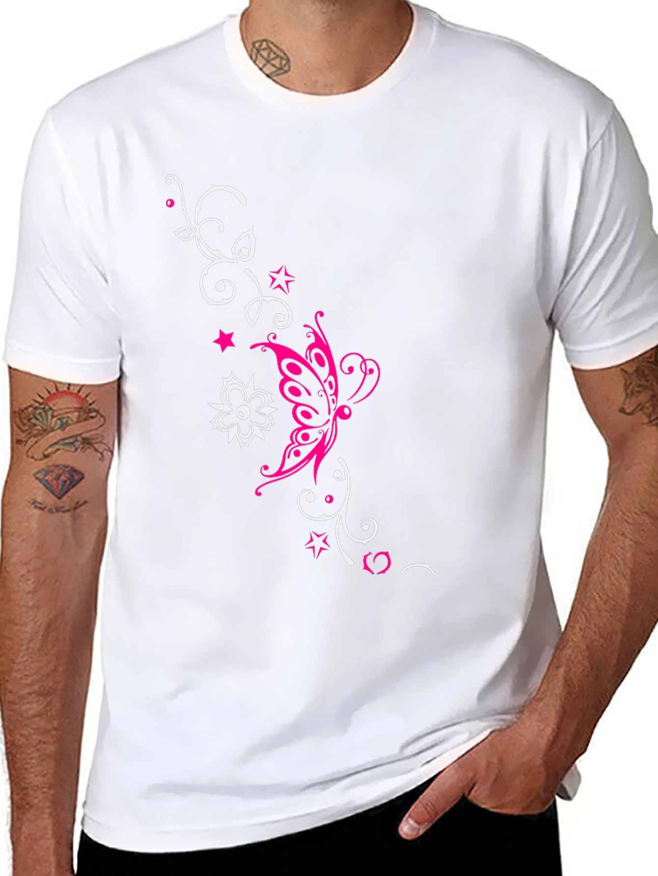 Stylish Black Tee with Butterfly Floral Design