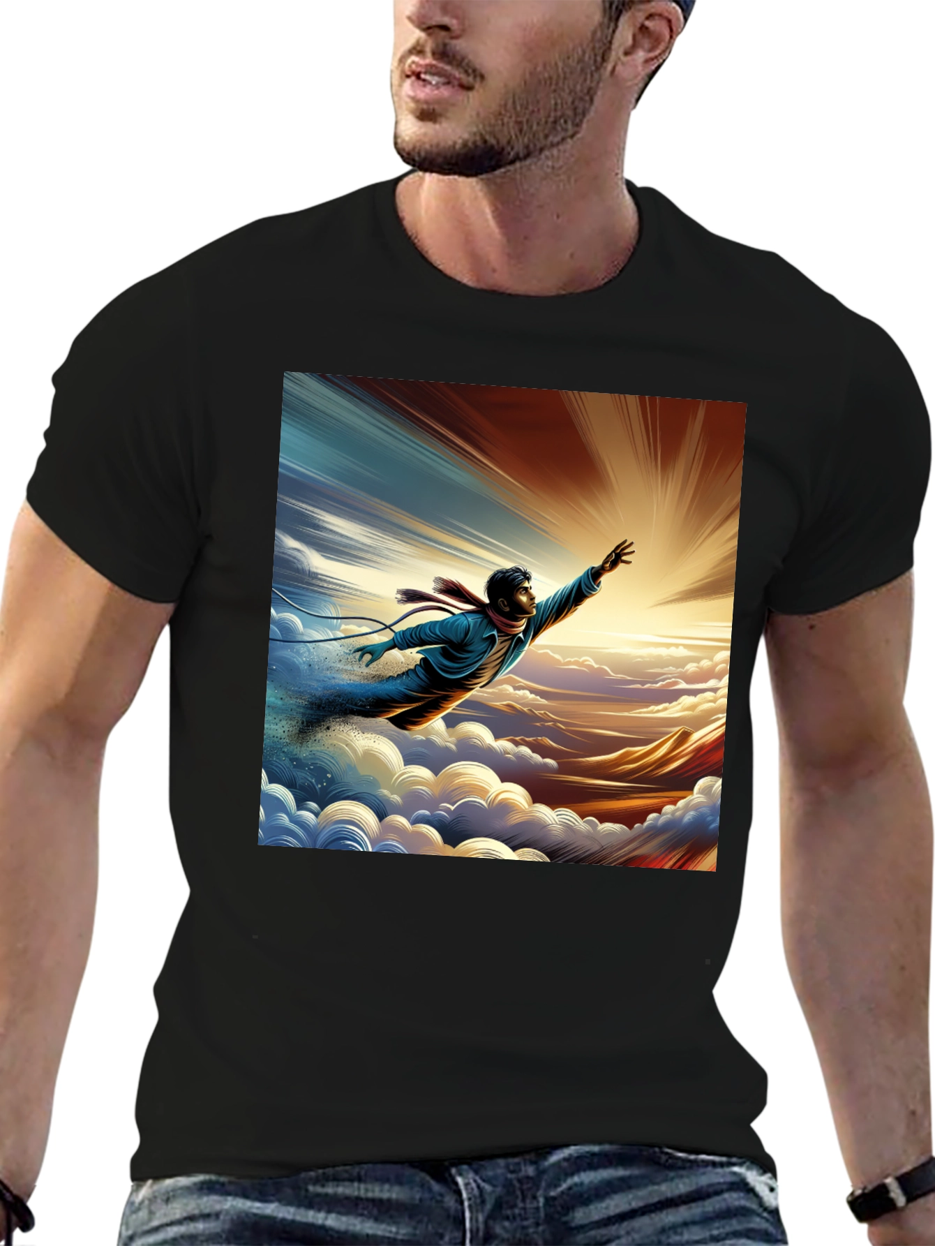Artistic Graphic Tee - Man Flying Above Clouds
