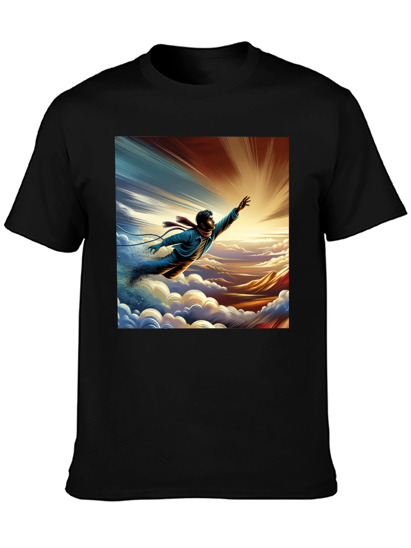 Artistic Graphic Tee - Man Flying Above Clouds