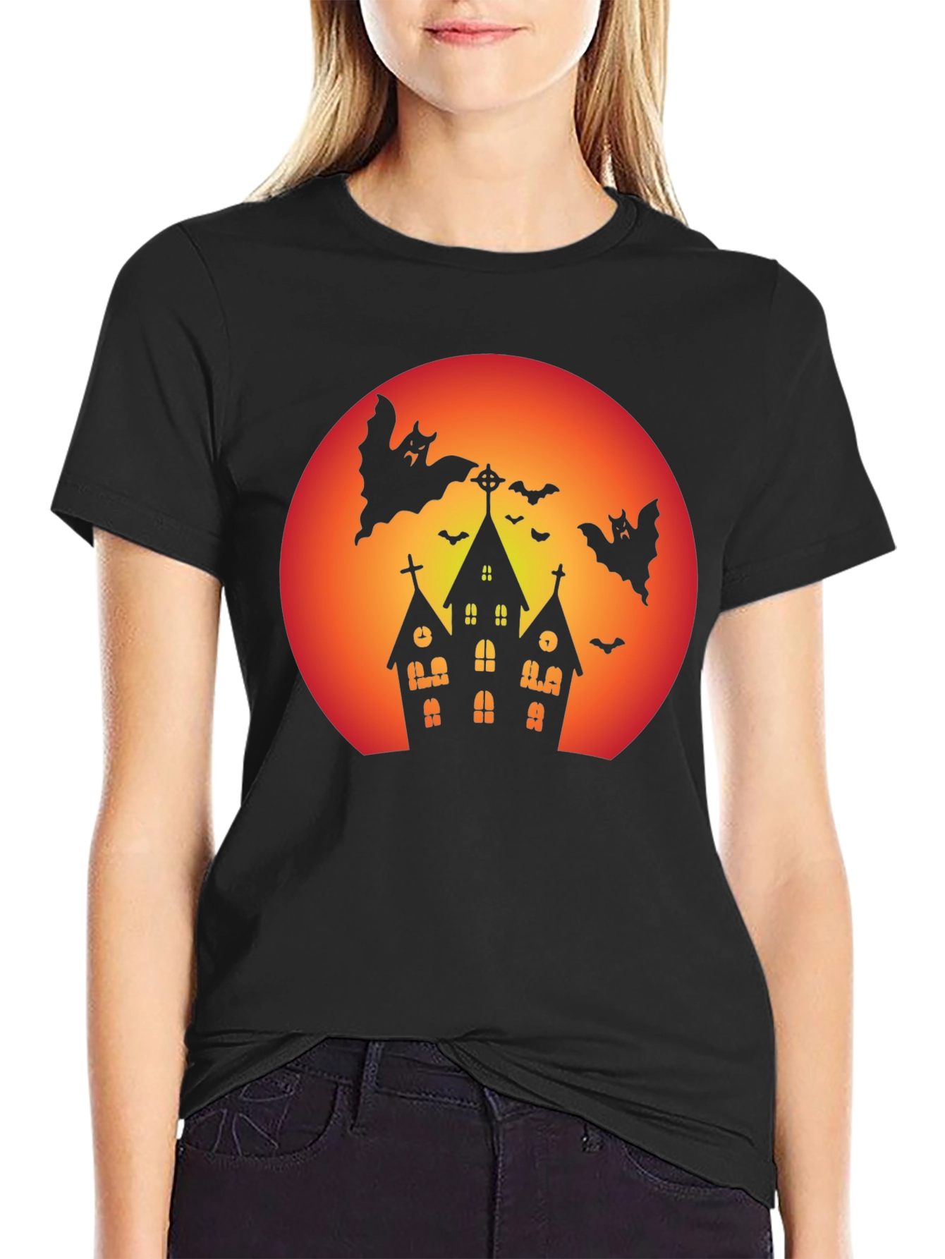 Spooky Halloween T-Shirt - Haunted House & Bats