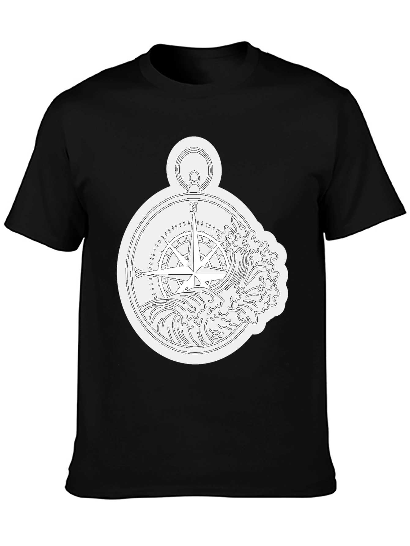 Nautical Compass Wave Graphic Black T-Shirt