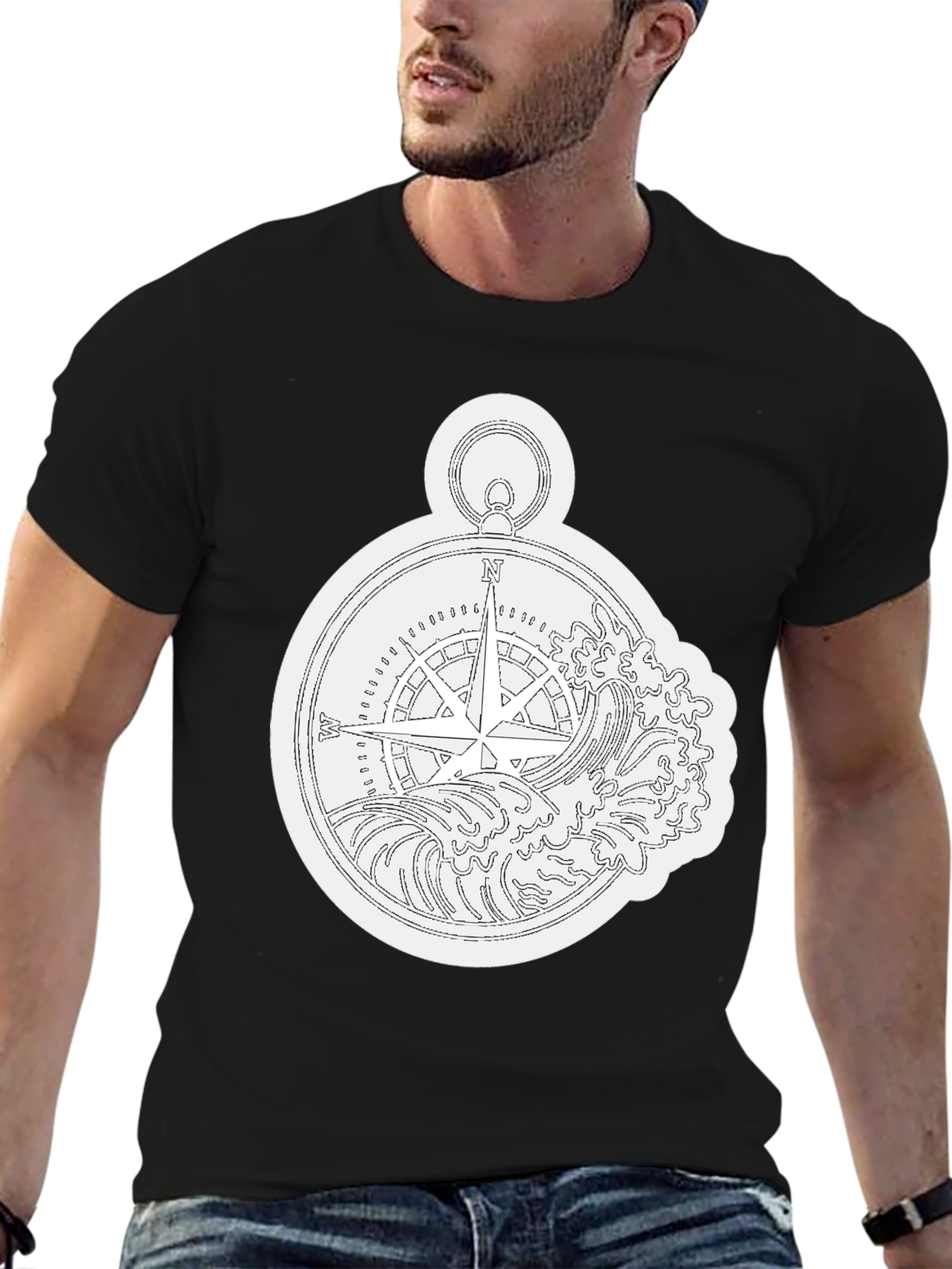 Nautical Compass Wave Graphic Black T-Shirt