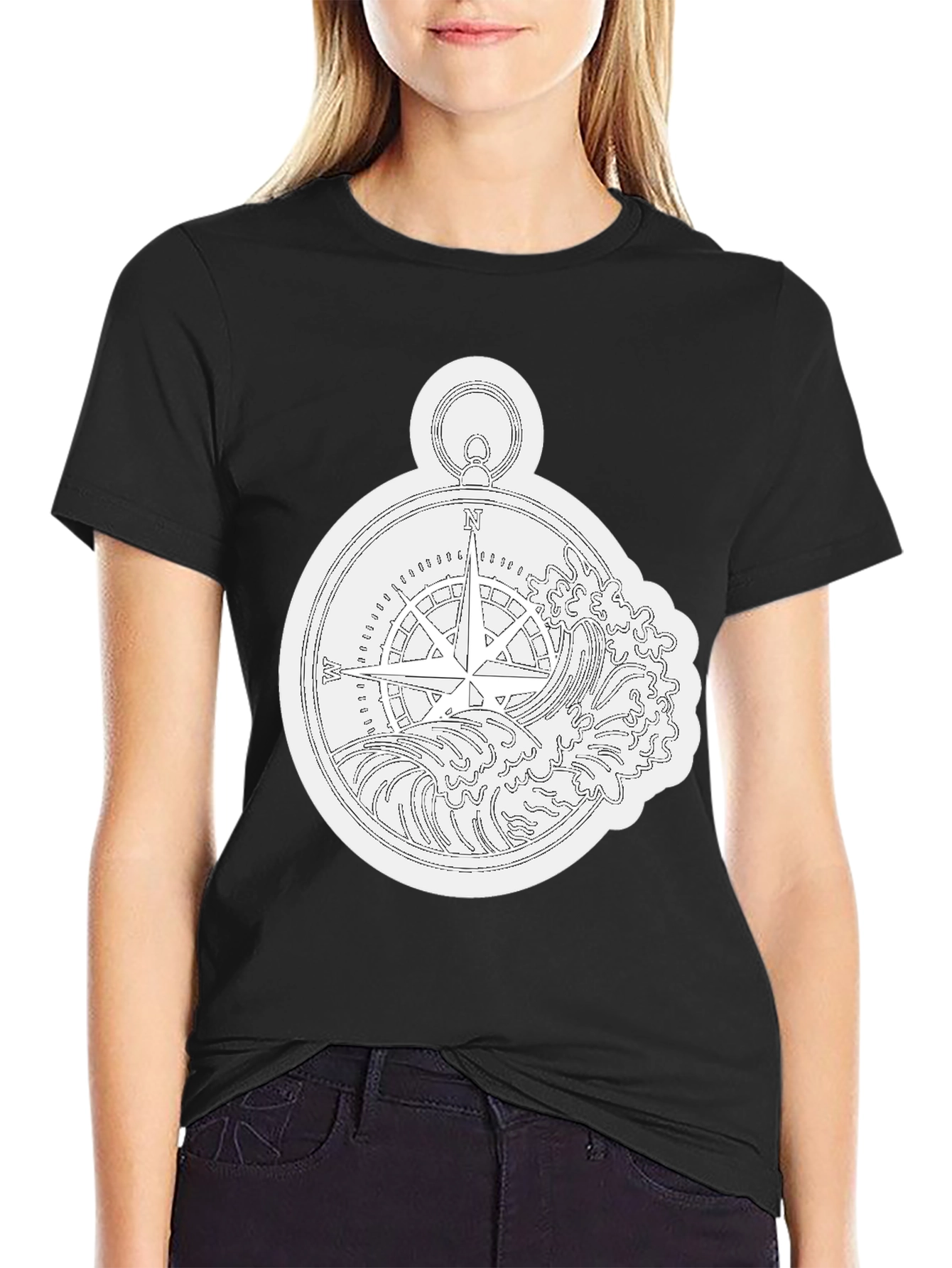 Nautical Compass Wave Graphic Black T-Shirt