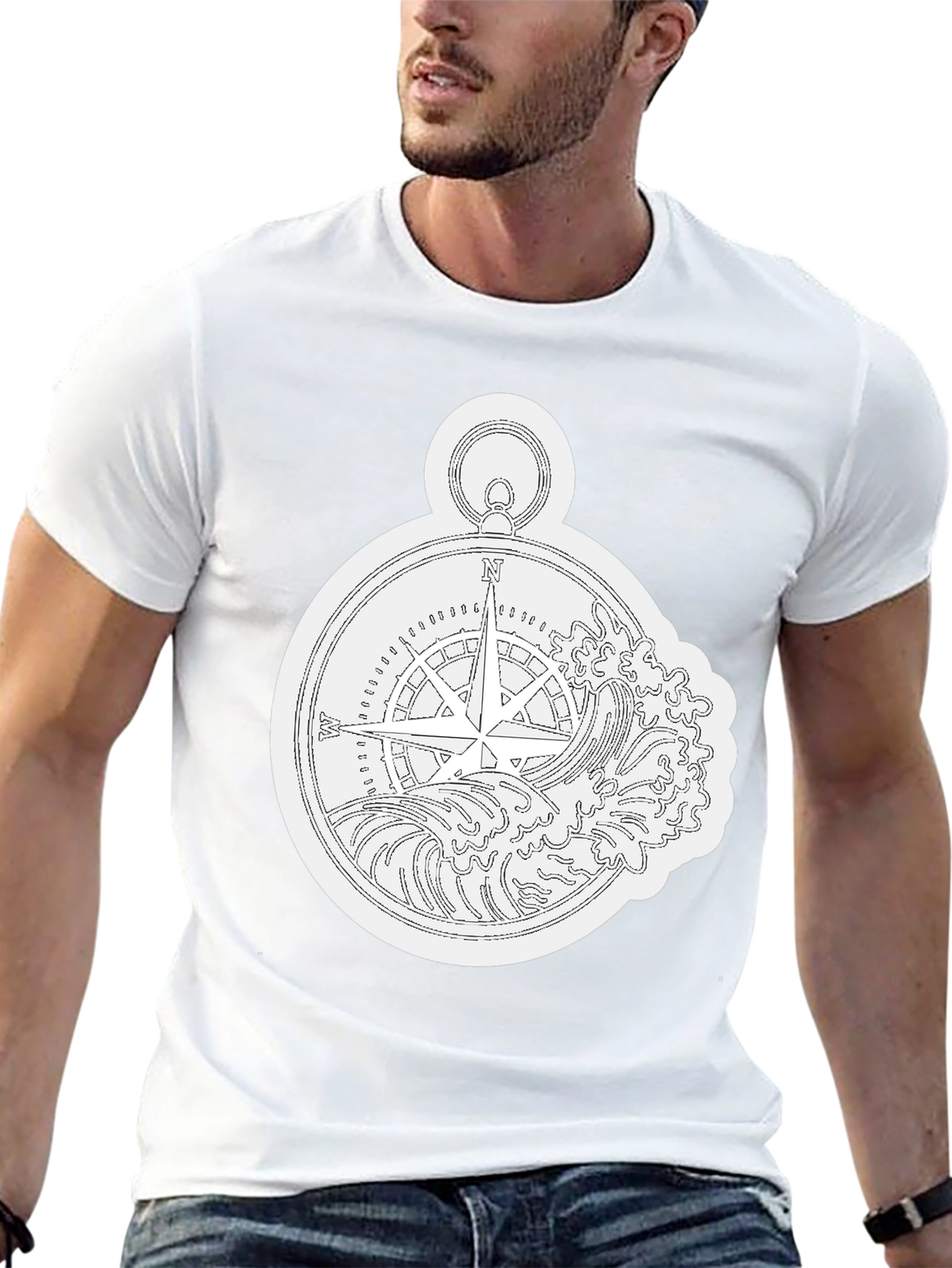 Nautical Compass Wave Graphic Black T-Shirt