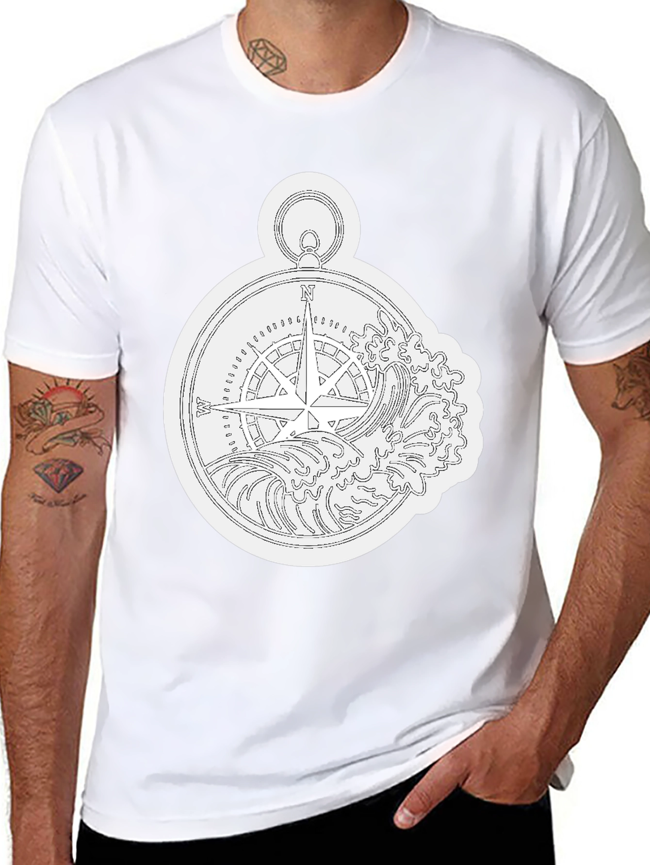 Nautical Compass Wave Graphic Black T-Shirt