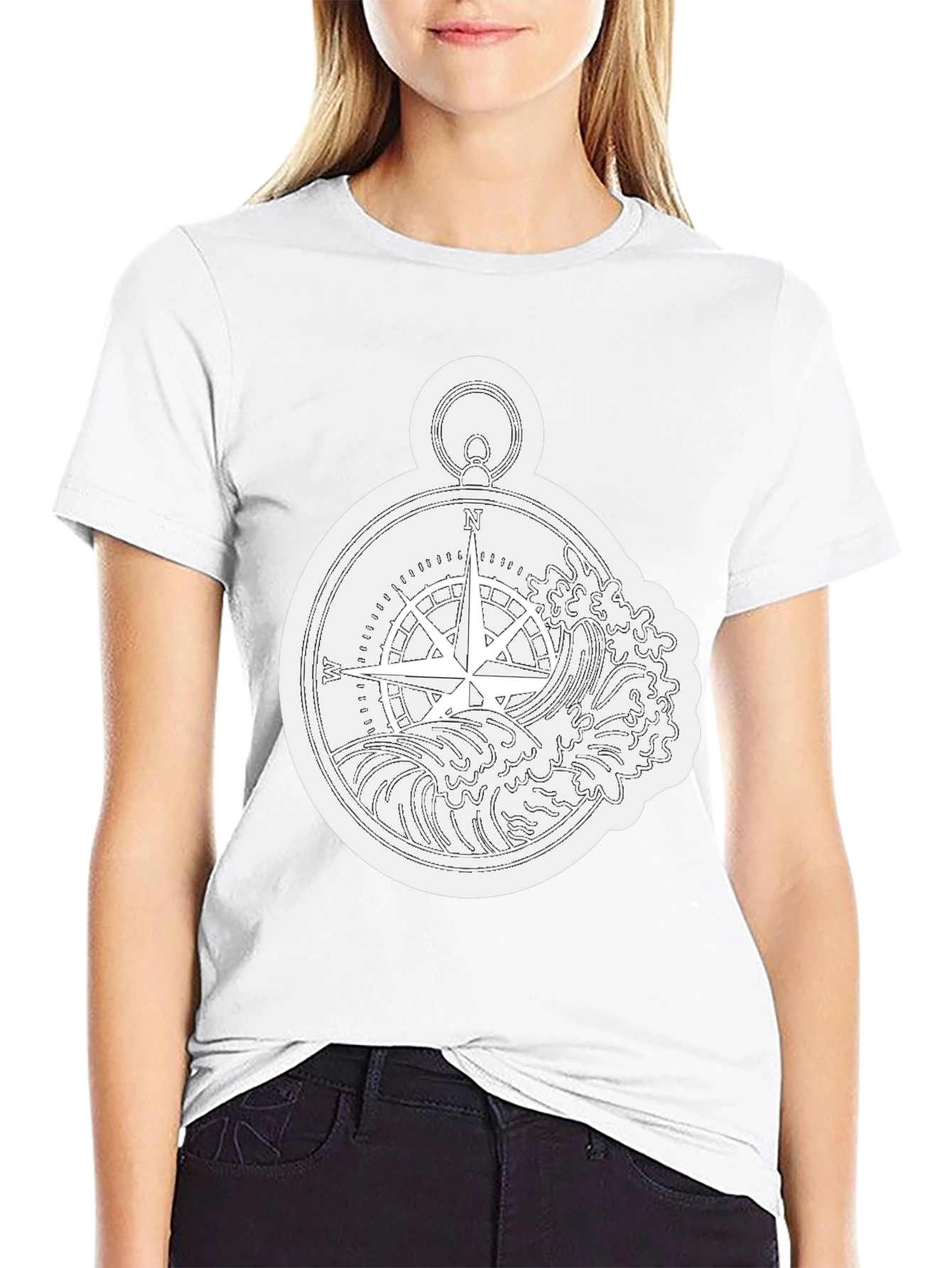 Nautical Compass Wave Graphic Black T-Shirt