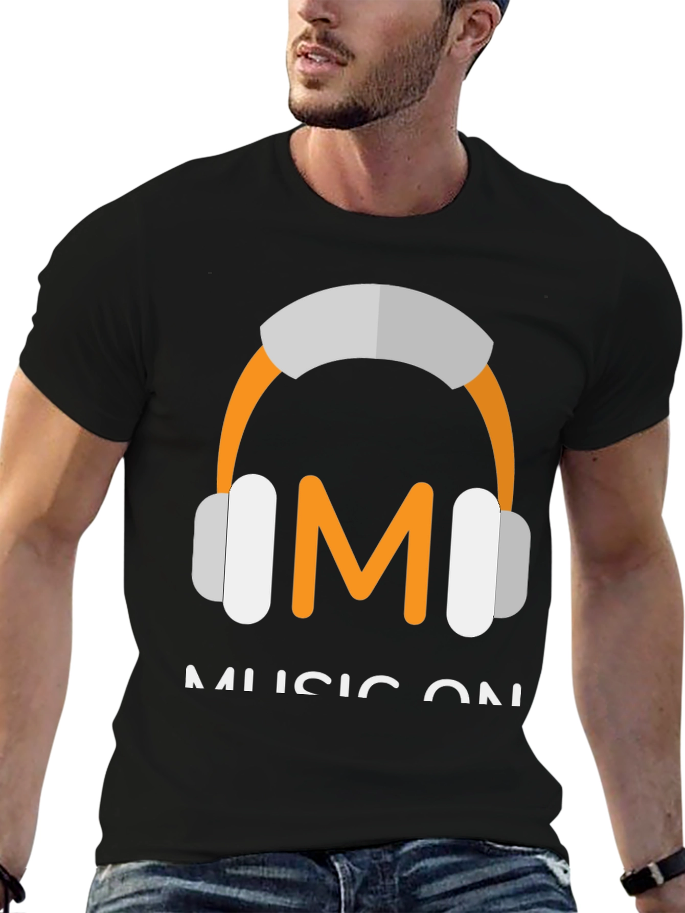 Music On Black T-Shirt with Headphone Graphic