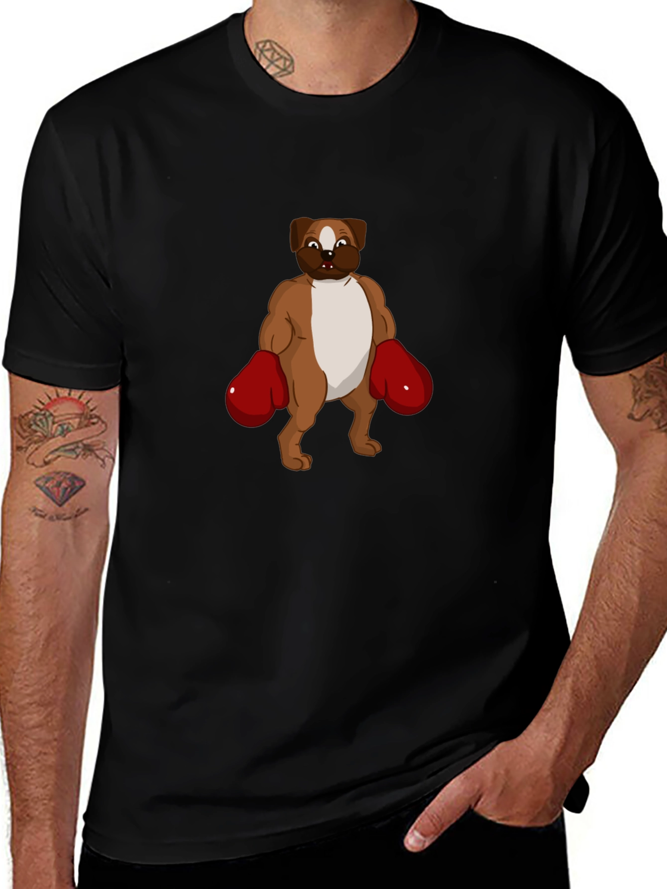 Dog Boxer Graphic T-Shirt - Black Crew Neck