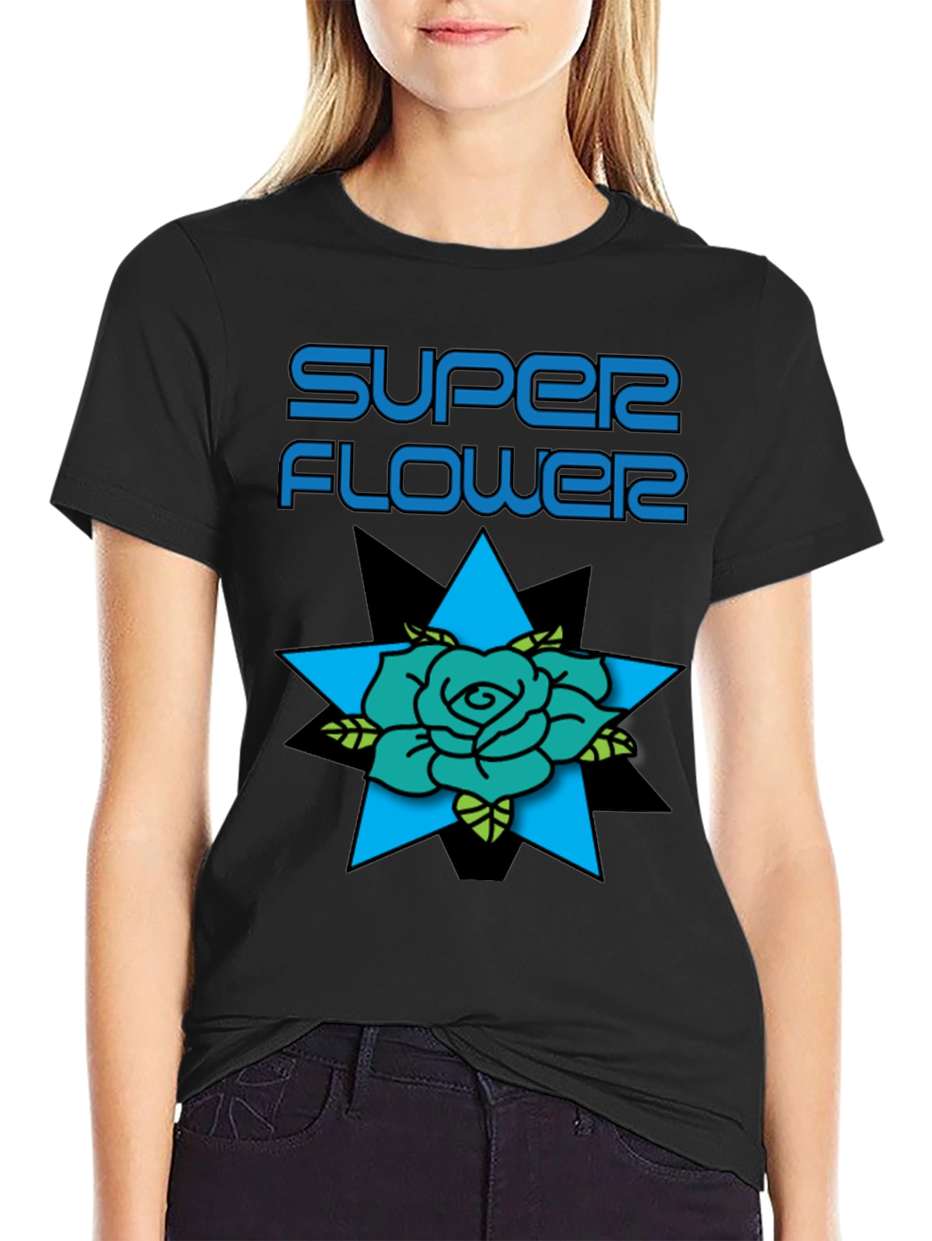 Super Flower Graphic Print Black T-Shirt