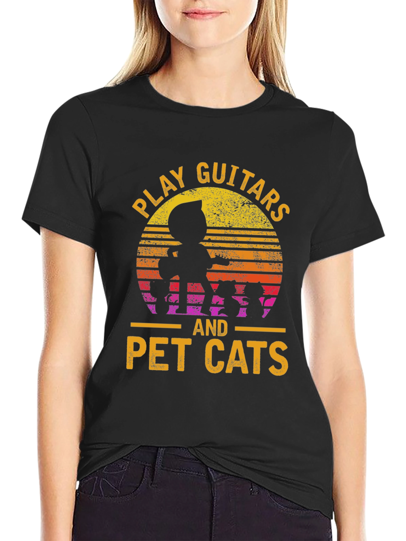 Play Guitars and Pet Cats Black T-Shirt