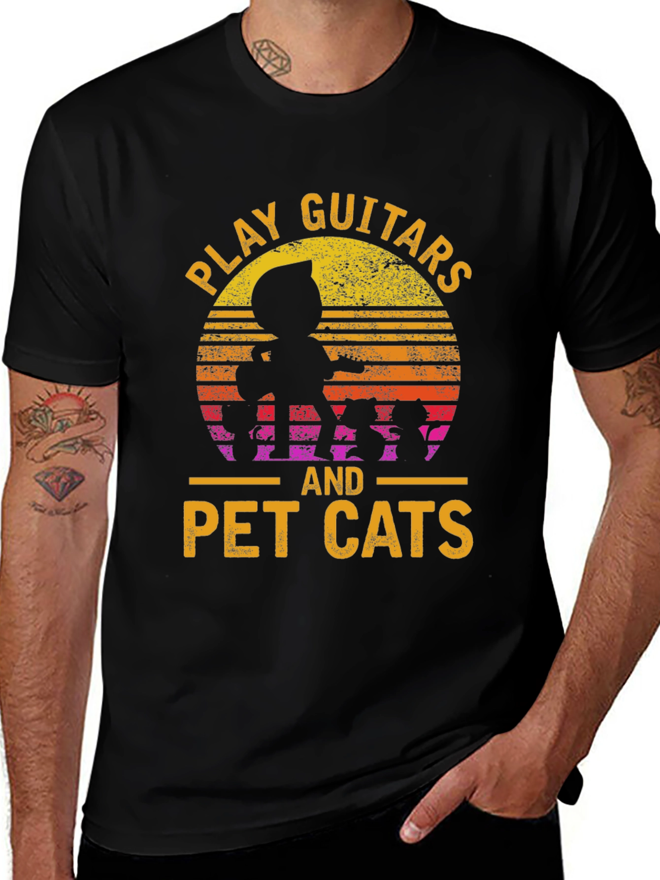Play Guitars and Pet Cats Black T-Shirt