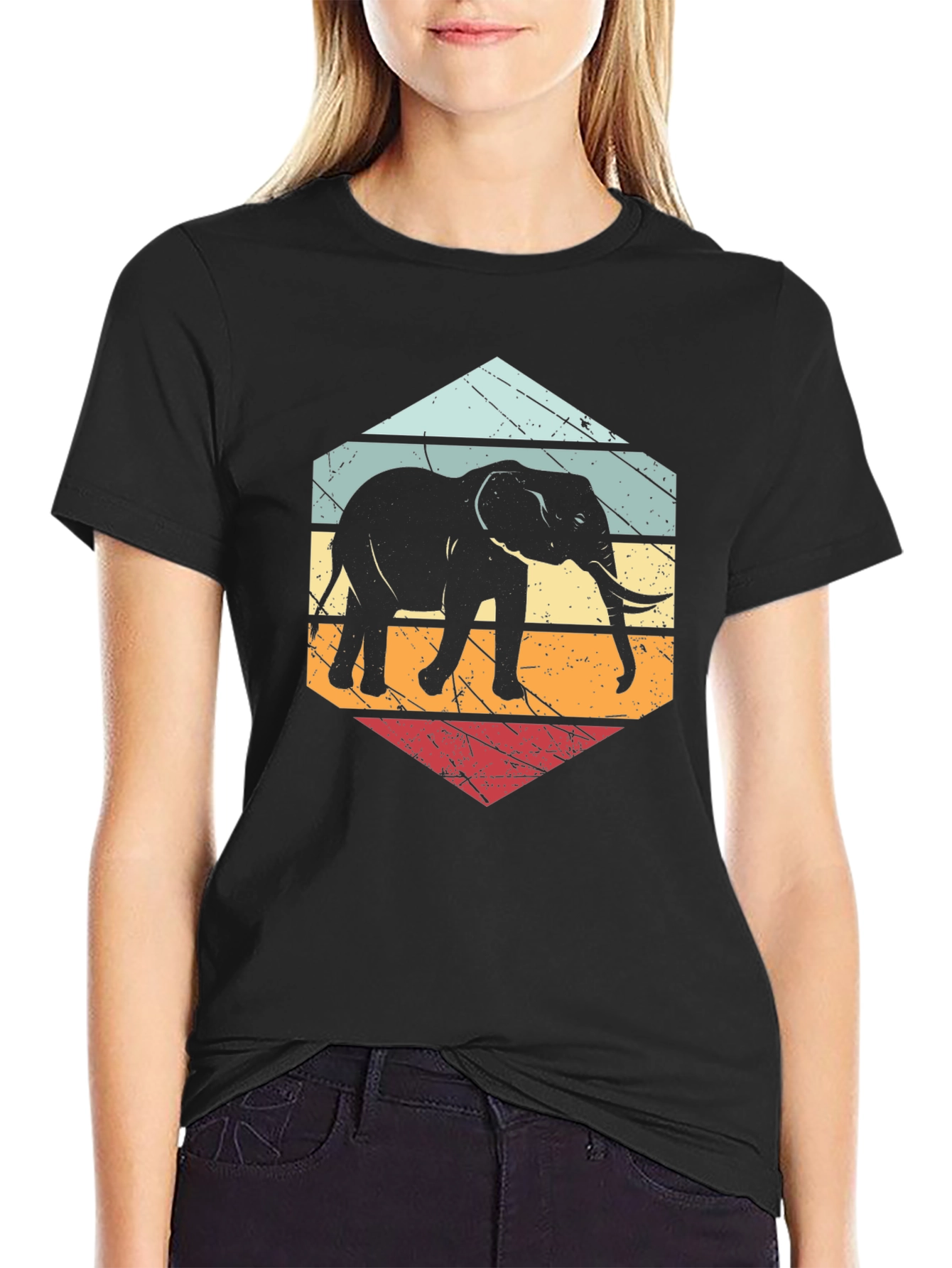 Retro Elephant T-Shirt Black Cotton Blend Tee