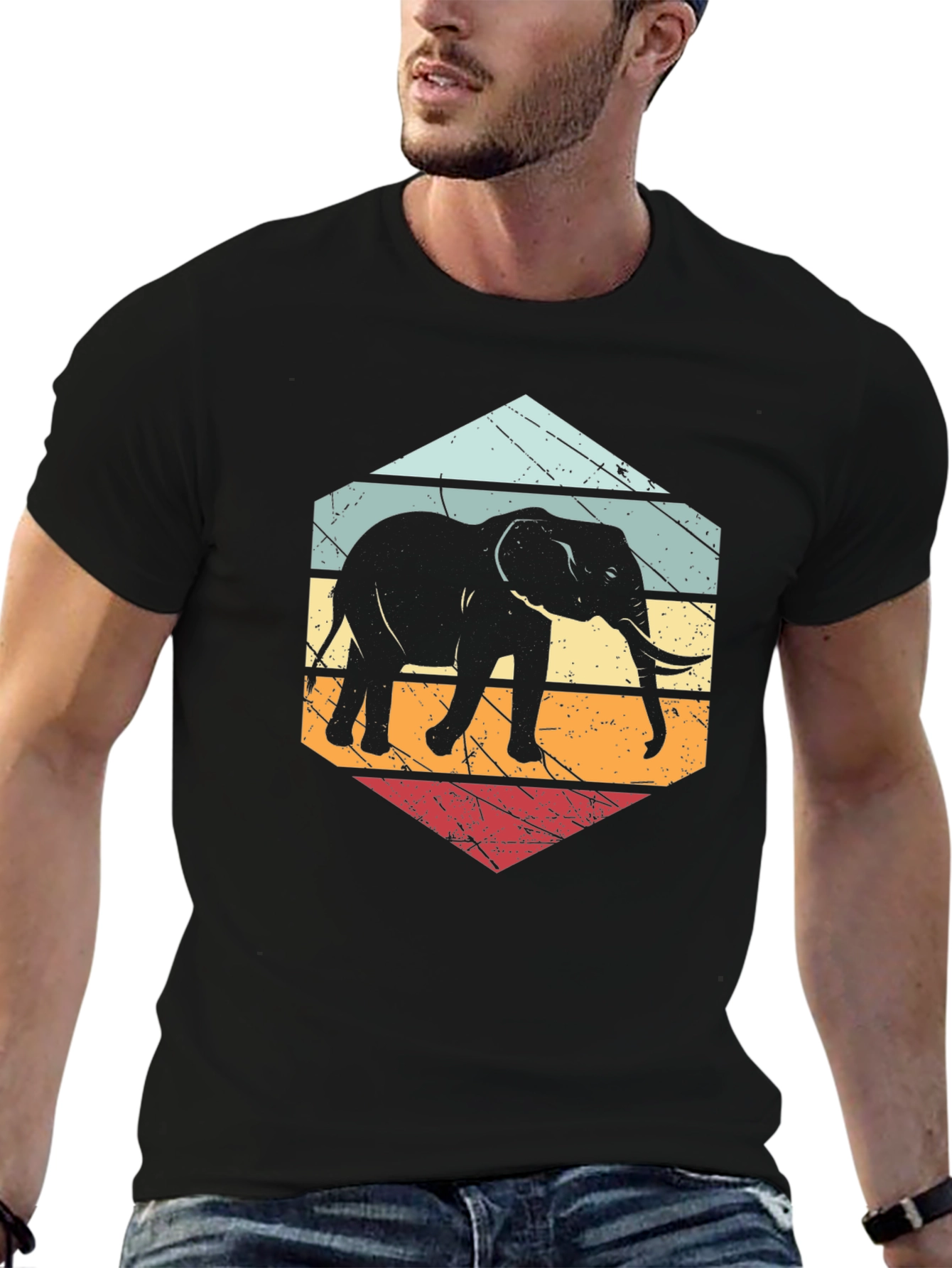 Retro Elephant T-Shirt Black Cotton Blend Tee
