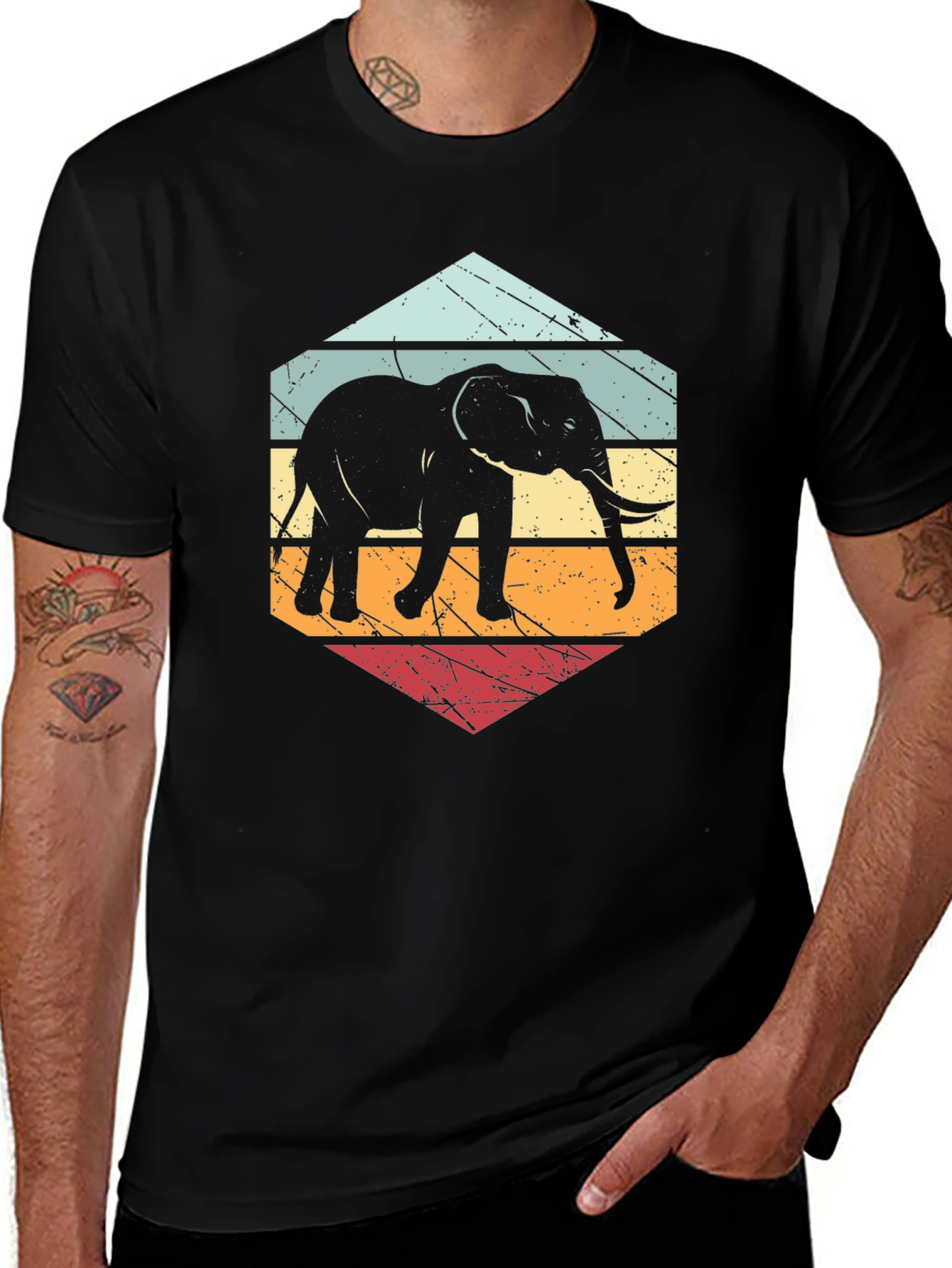 Retro Elephant T-Shirt Black Cotton Blend Tee
