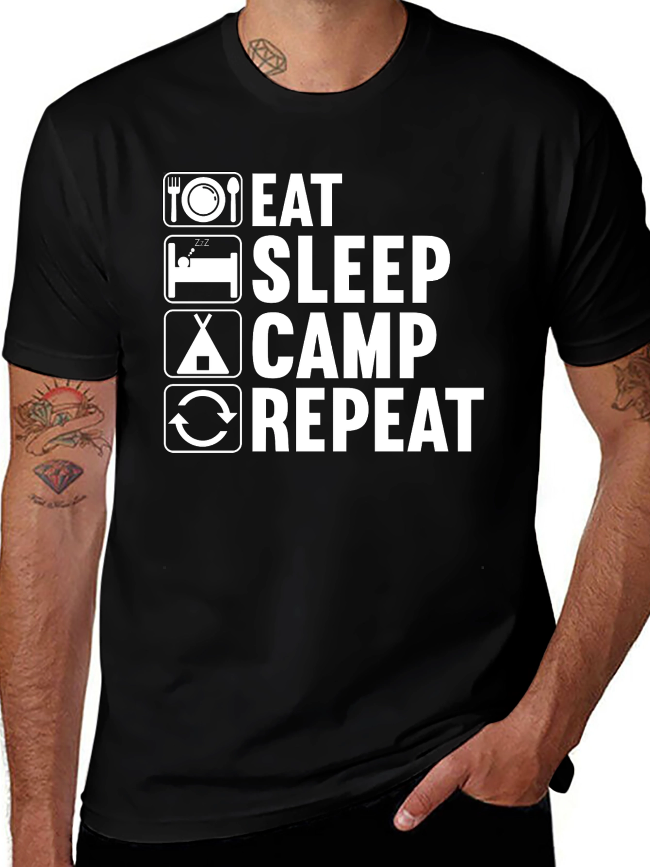 Eat Sleep Camp Repeat T-Shirt - Black Camping Tee