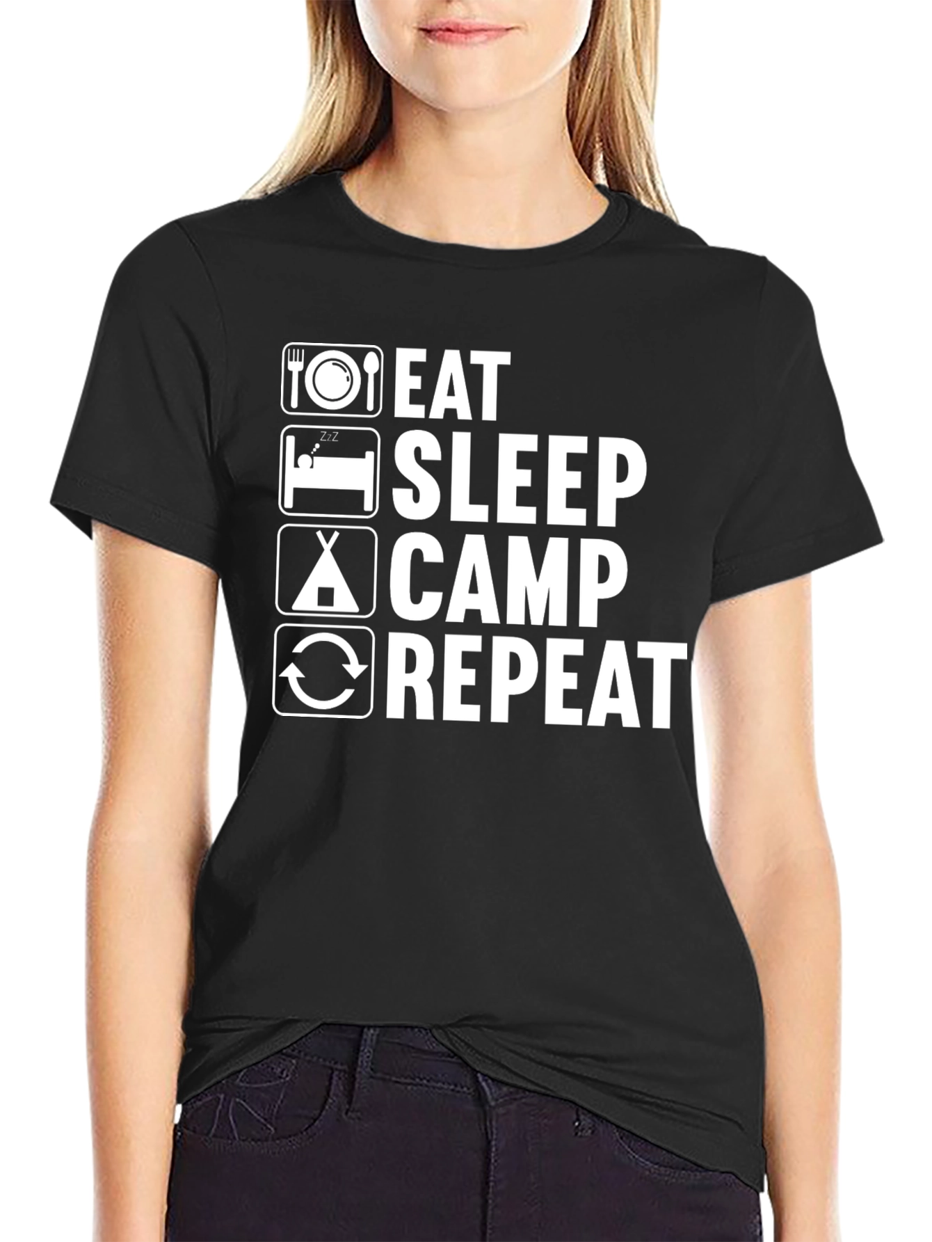Eat Sleep Camp Repeat T-Shirt - Black Camping Tee