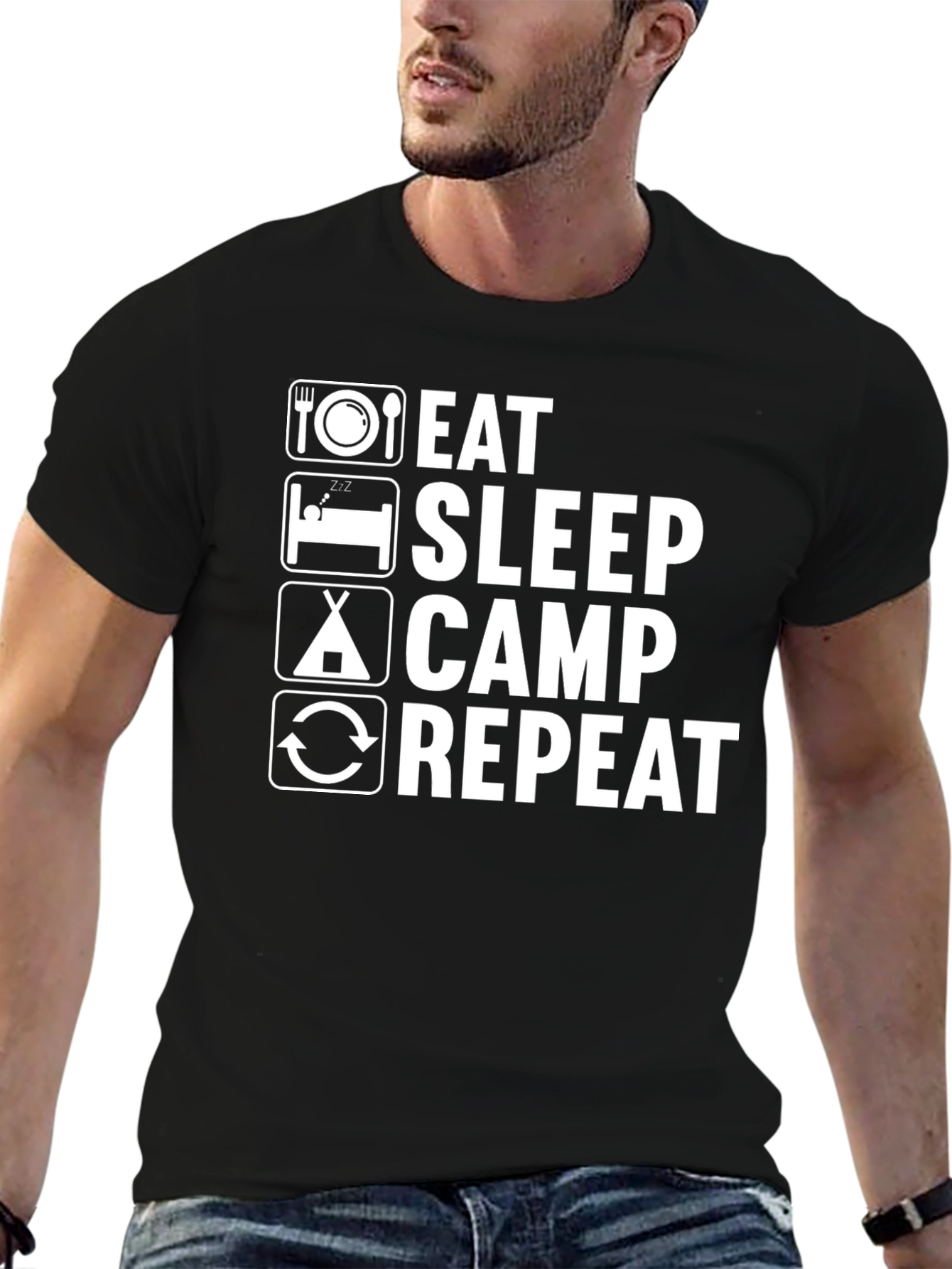 Eat Sleep Camp Repeat T-Shirt - Black Camping Tee