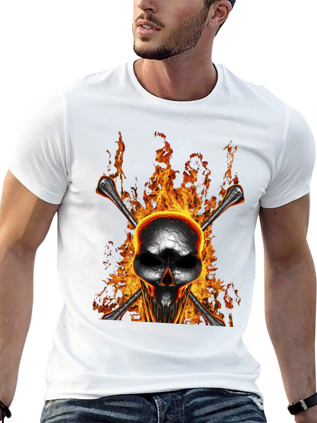 Flaming Skull Bones Graphic T-Shirt